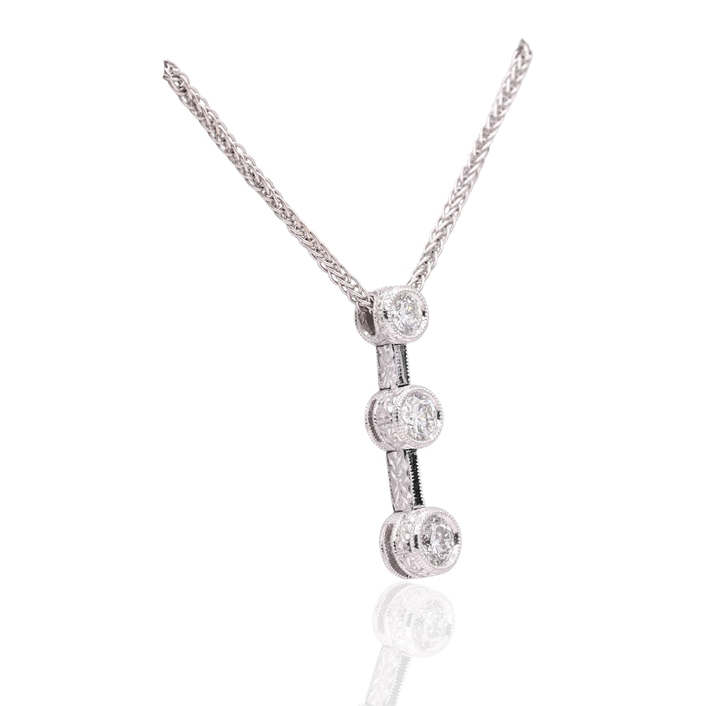 Diamond Cut Three Stone Diamond Bezel Necklace 18K White Gold with Wheat Chain 16in 0.44cttw