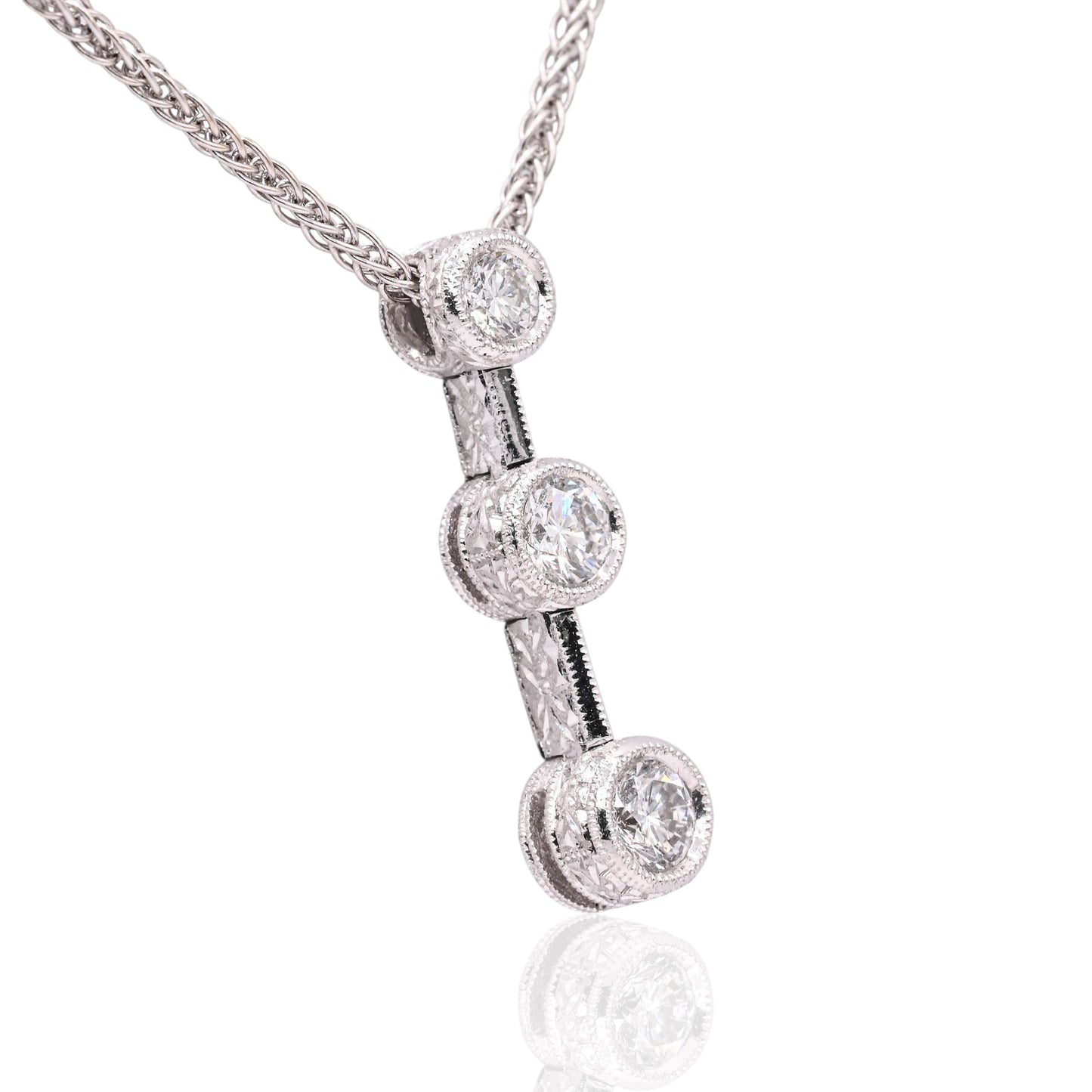 Diamond Cut Three Stone Diamond Bezel Necklace 18K White Gold with Wheat Chain 16in 0.44cttw