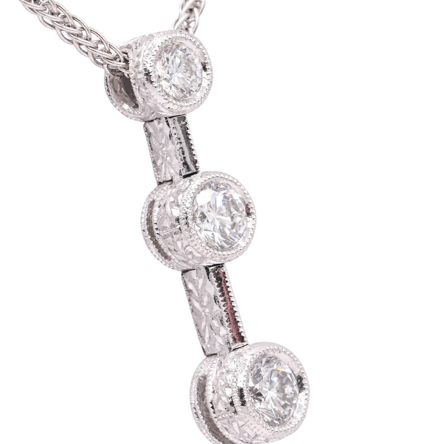 Diamond Cut Three Stone Diamond Bezel Necklace 18K White Gold with Wheat Chain 16in 0.44cttw