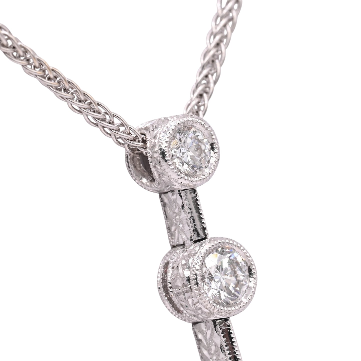 Diamond Cut Three Stone Diamond Bezel Necklace 18K White Gold with Wheat Chain 16in 0.44cttw