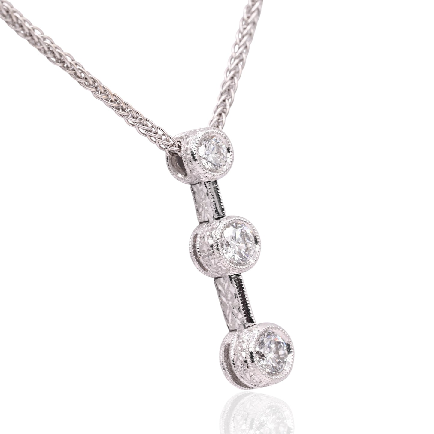 Diamond Cut Three Stone Diamond Bezel Necklace 18K White Gold with Wheat Chain 16in 0.44cttw