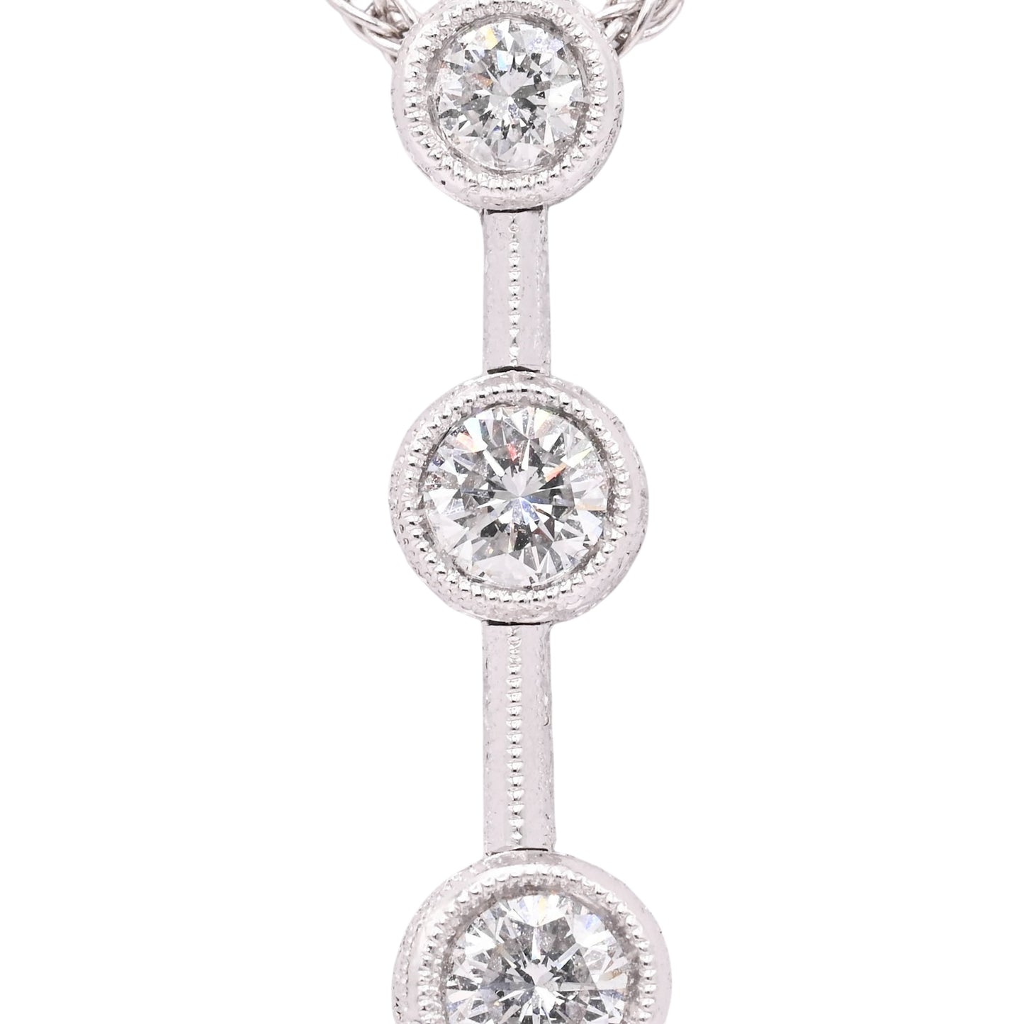 Diamond Cut Three Stone Diamond Bezel Necklace 18K White Gold with Wheat Chain 16in 0.44cttw