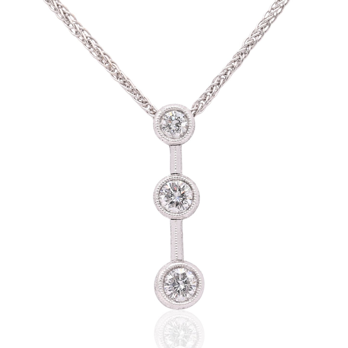 Diamond Cut Three Stone Diamond Bezel Necklace 18K White Gold with Wheat Chain 16in 0.44cttw