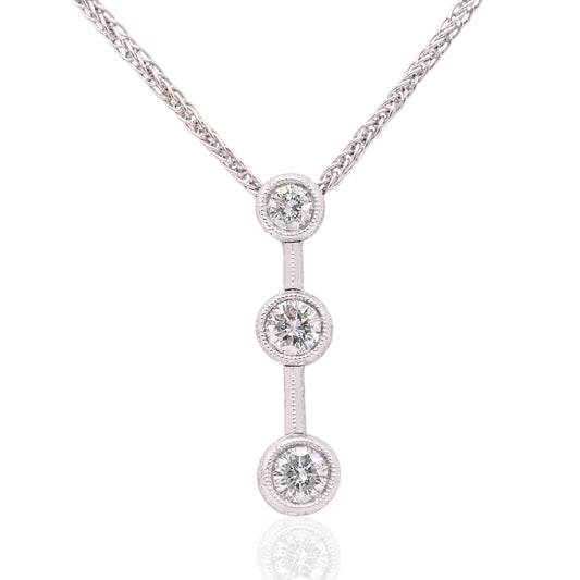Diamond Cut Three Stone Diamond Bezel Necklace 18K White Gold with Wheat Chain 16in 0.44cttw