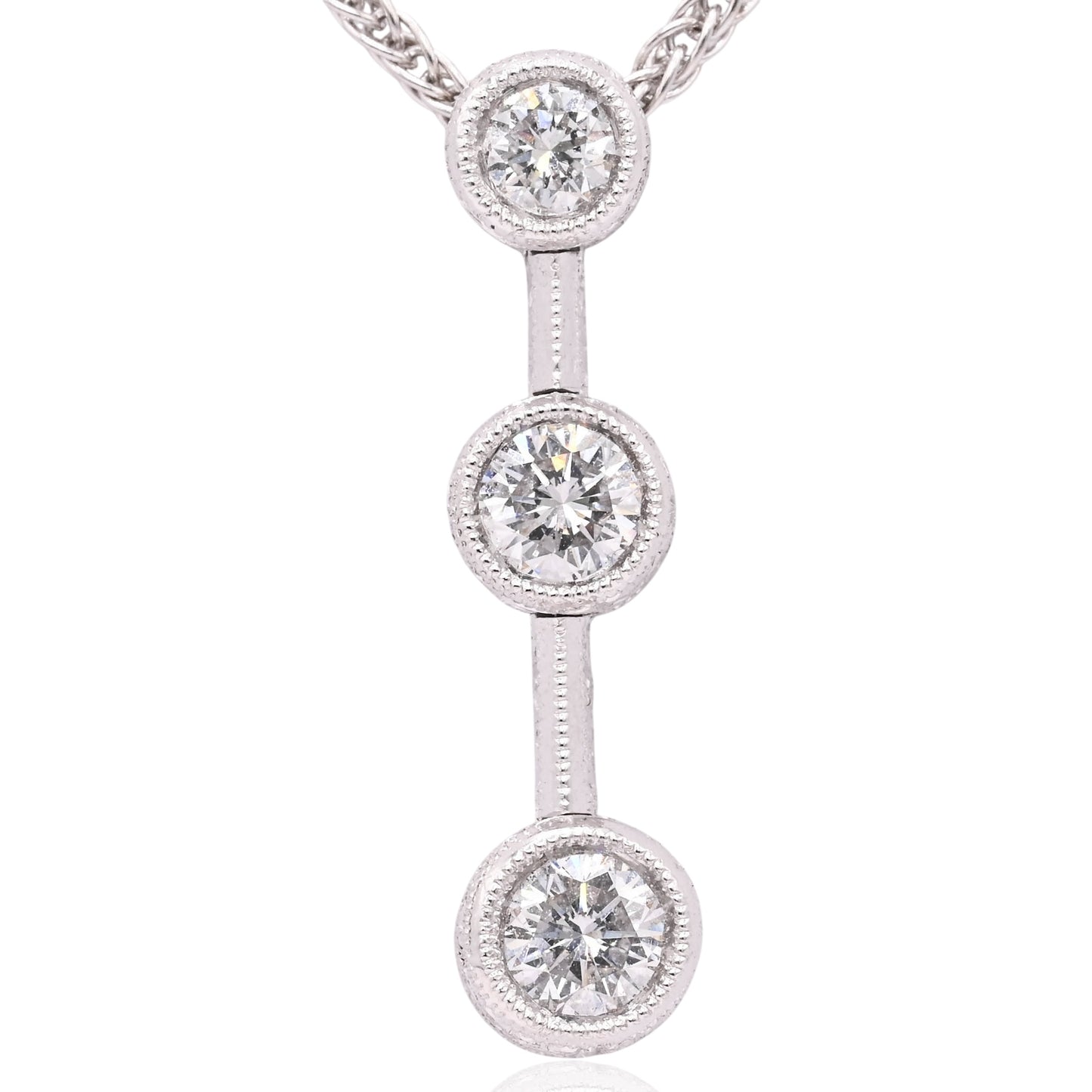 Diamond Cut Three Stone Diamond Bezel Necklace 18K White Gold with Wheat Chain 16in 0.44cttw
