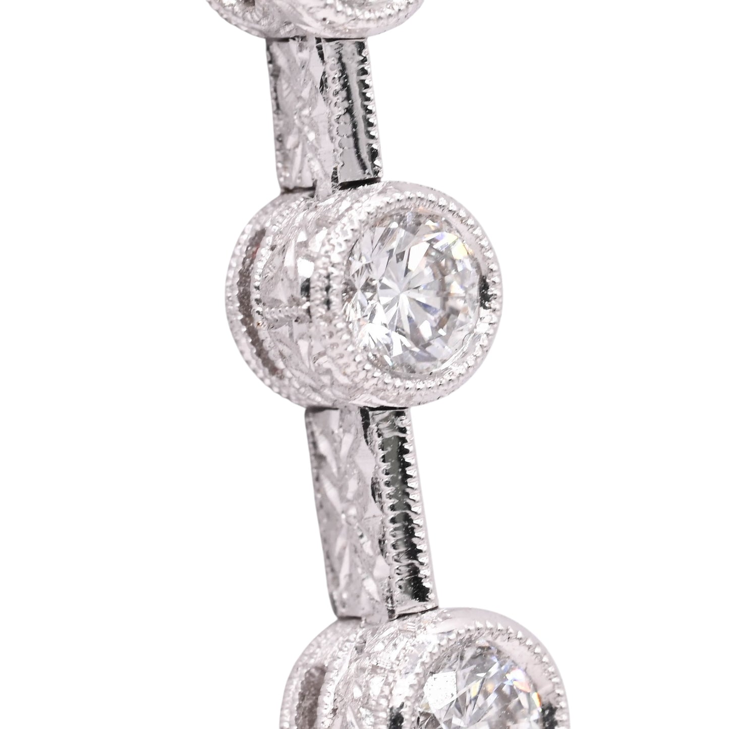 Diamond Cut Three Stone Diamond Bezel Necklace 18K White Gold with Wheat Chain 16in 0.44cttw
