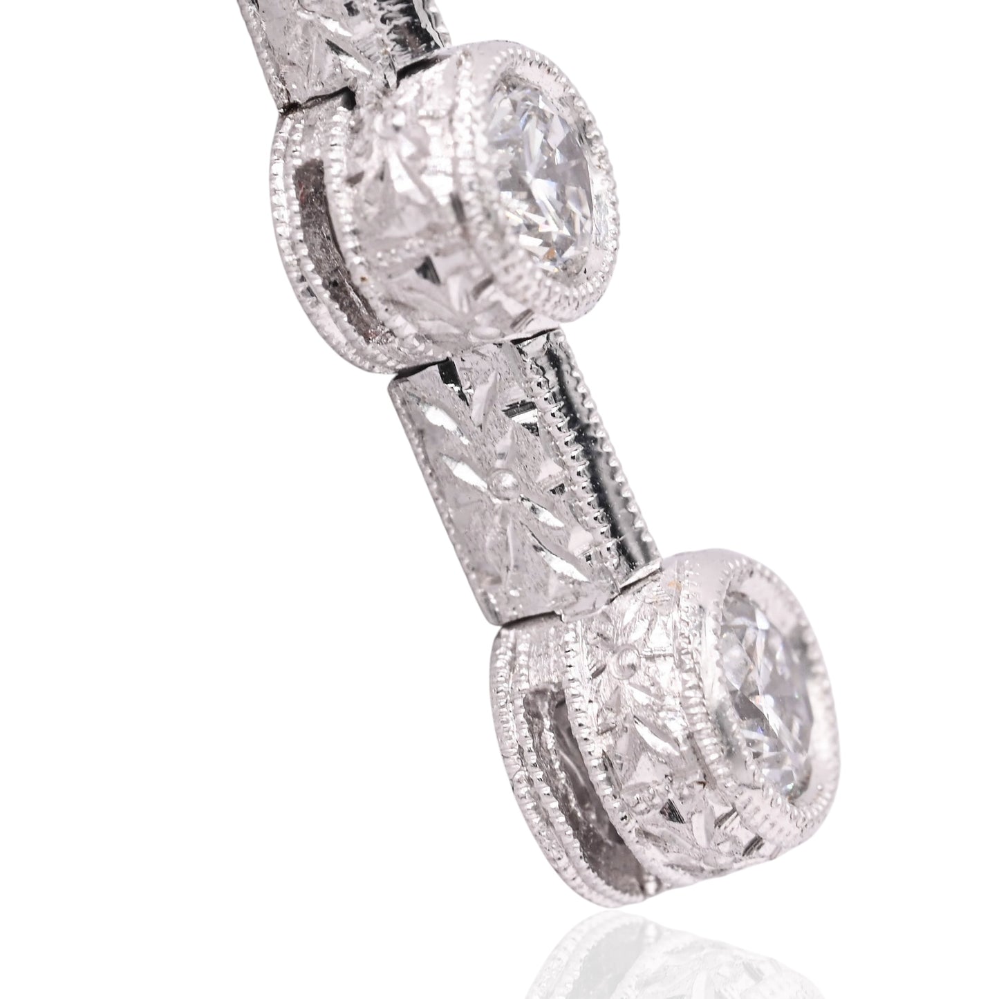 Diamond Cut Three Stone Diamond Bezel Necklace 18K White Gold with Wheat Chain 16in 0.44cttw