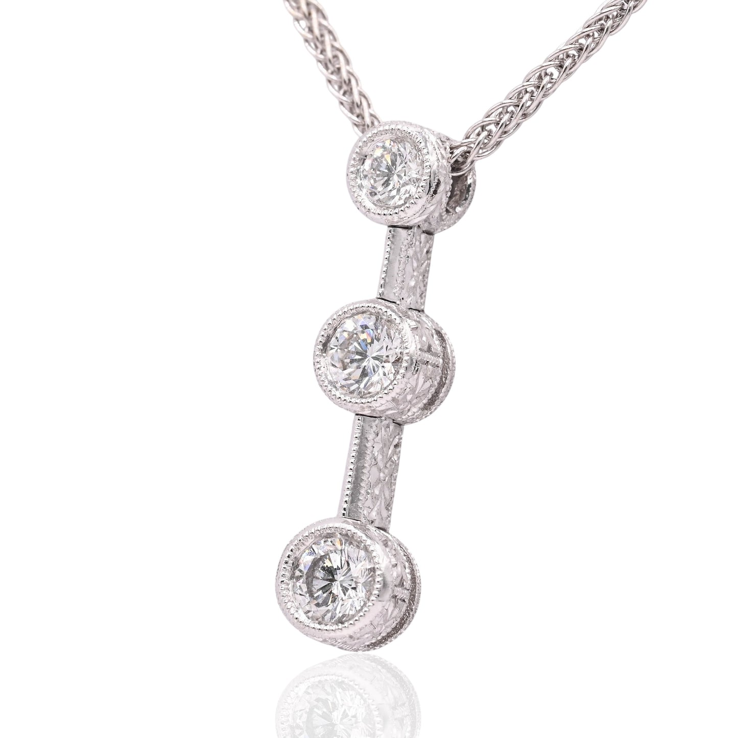 Diamond Cut Three Stone Diamond Bezel Necklace 18K White Gold with Wheat Chain 16in 0.44cttw