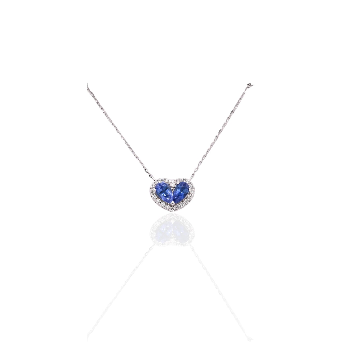 Sapphire and Diamond Heart Necklace 14K White Gold with Diamond Cut Cable Chain 16in, 17in, and 18in 0.50cttw Sapphires/0.11cttw Diamonds