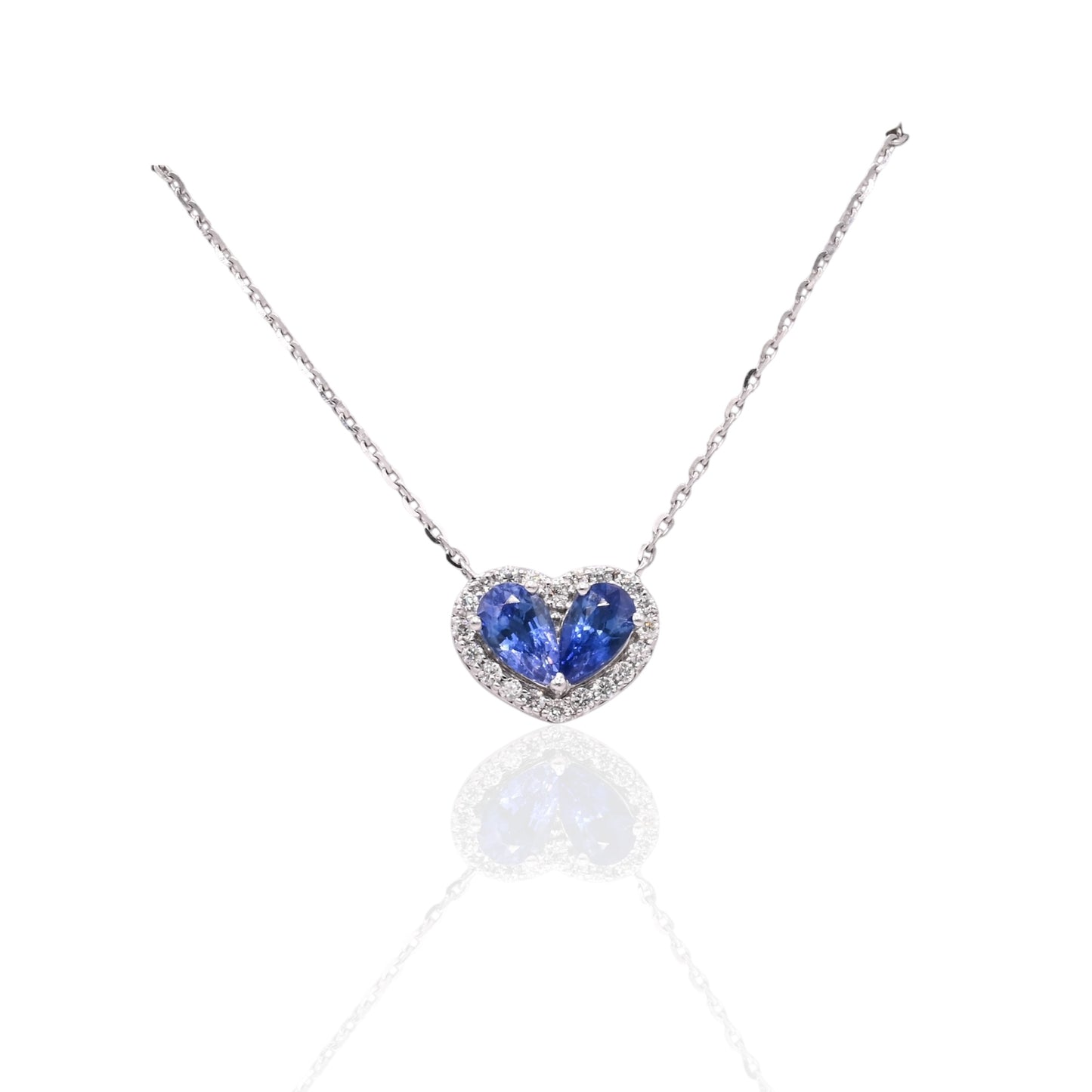 Sapphire and Diamond Heart Necklace 14K White Gold with Diamond Cut Cable Chain 16in, 17in, and 18in 0.50cttw Sapphires/0.11cttw Diamonds