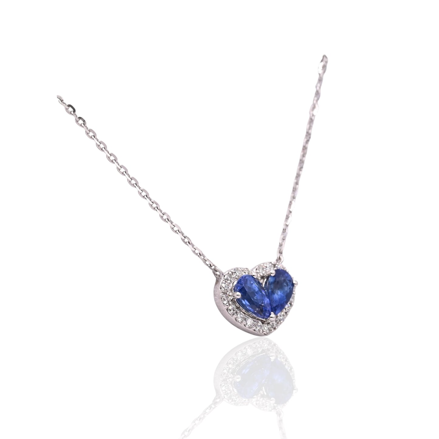 Sapphire and Diamond Heart Necklace 14K White Gold with Diamond Cut Cable Chain 16in, 17in, and 18in 0.50cttw Sapphires/0.11cttw Diamonds