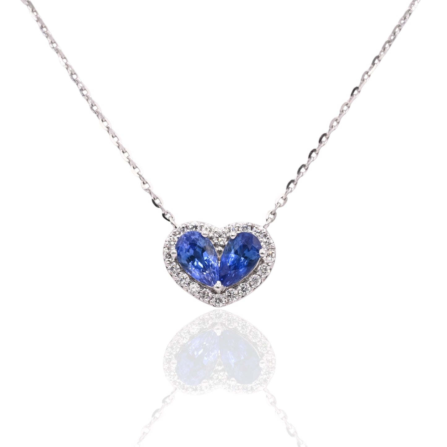 Sapphire and Diamond Heart Necklace 14K White Gold with Diamond Cut Cable Chain 16in, 17in, and 18in 0.50cttw Sapphires/0.11cttw Diamonds