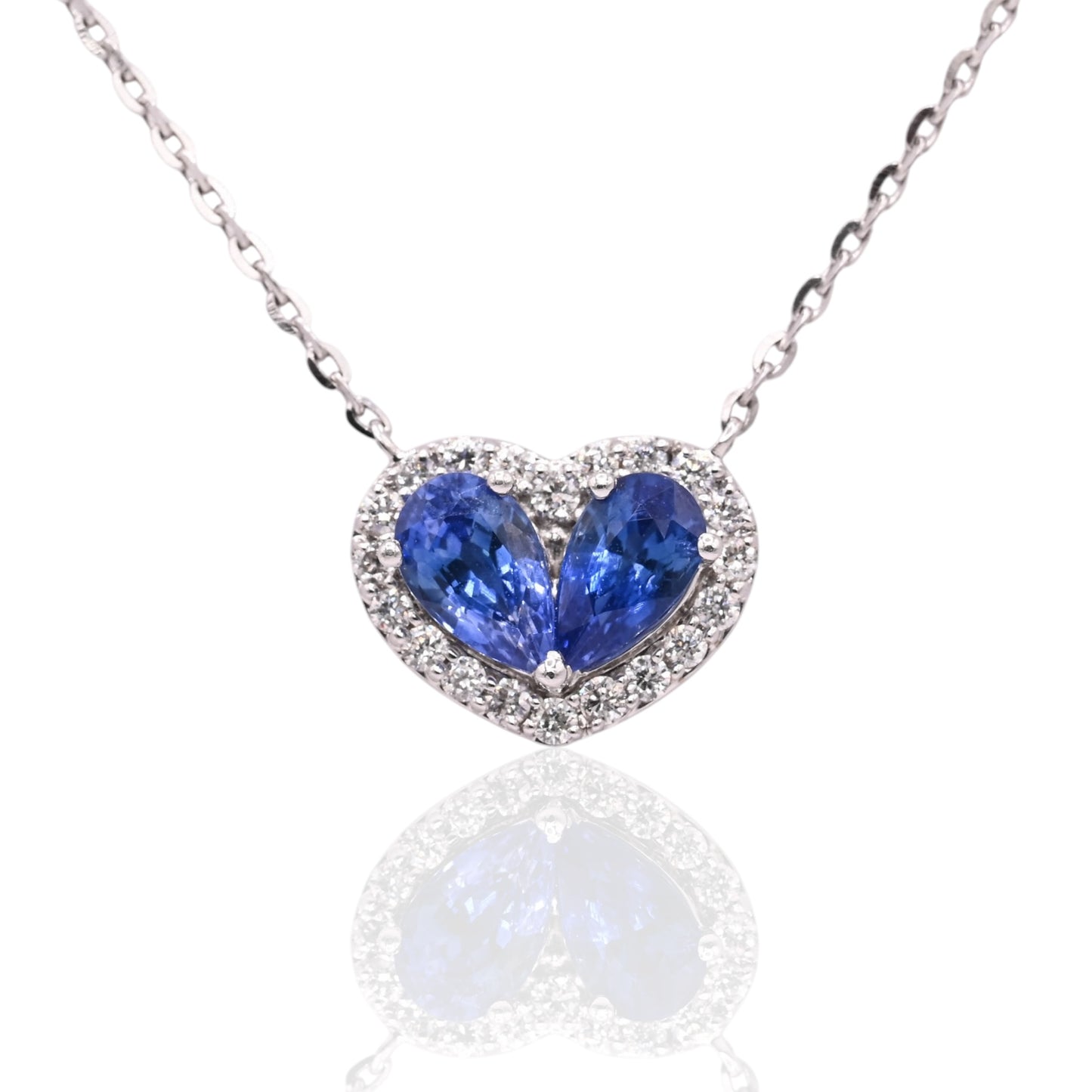 Sapphire and Diamond Heart Necklace 14K White Gold with Diamond Cut Cable Chain 16in, 17in, and 18in 0.50cttw Sapphires/0.11cttw Diamonds