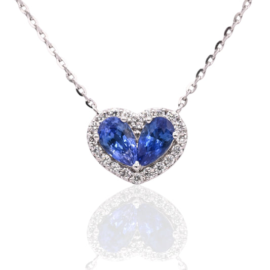 Sapphire and Diamond Heart Necklace 14K White Gold with Diamond Cut Cable Chain 16in, 17in, and 18in 0.50cttw Sapphires/0.11cttw Diamonds
