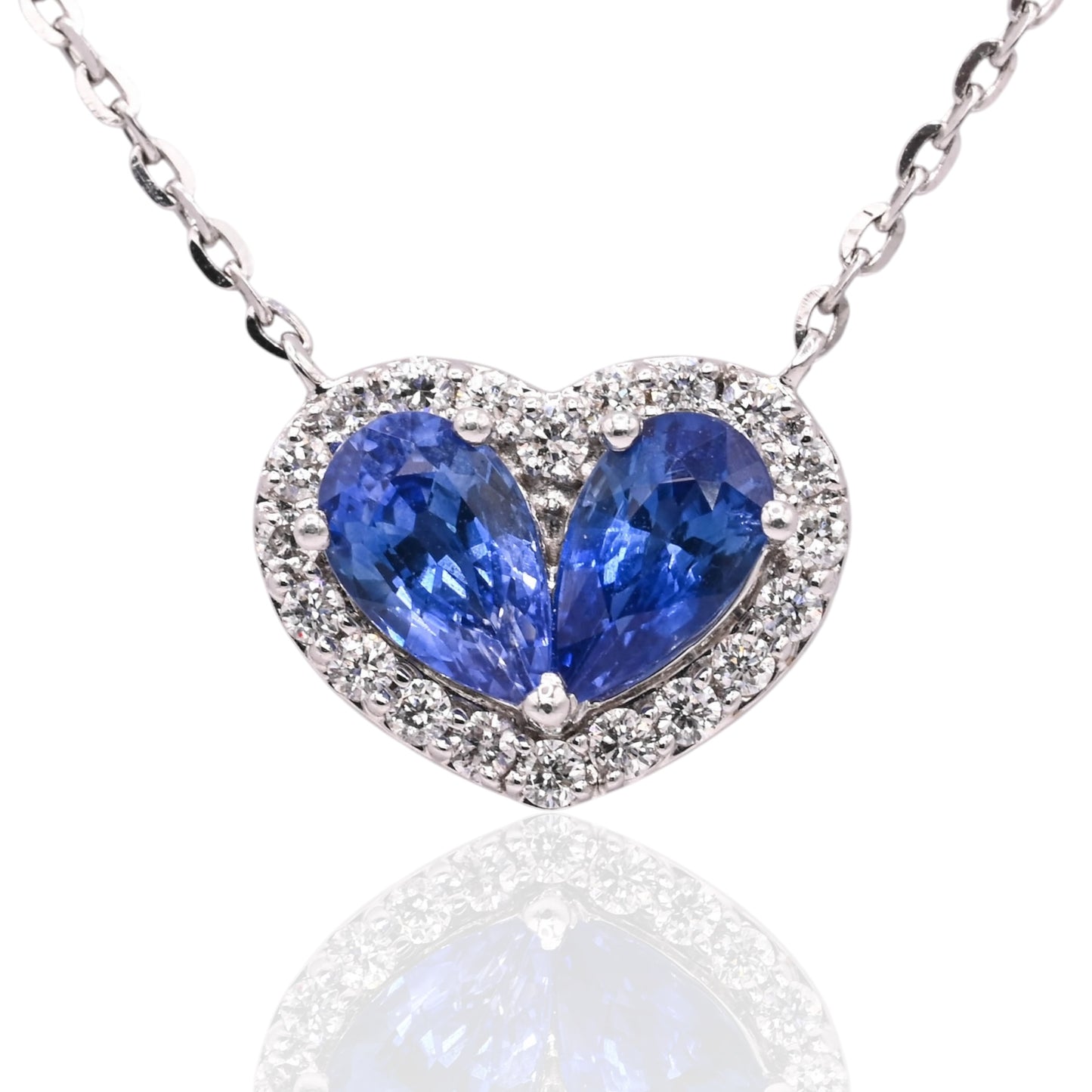 Sapphire and Diamond Heart Necklace 14K White Gold with Diamond Cut Cable Chain 16in, 17in, and 18in 0.50cttw Sapphires/0.11cttw Diamonds