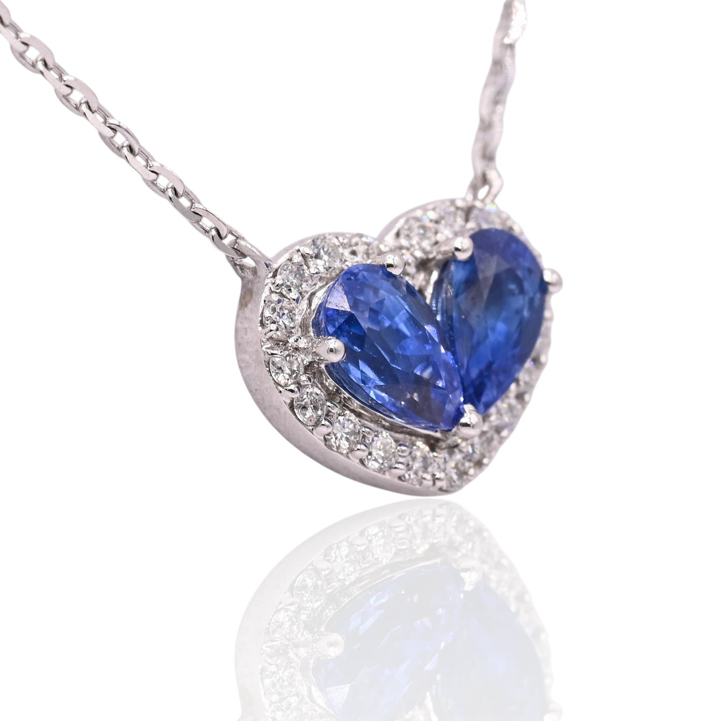 Sapphire and Diamond Heart Necklace 14K White Gold with Diamond Cut Cable Chain 16in, 17in, and 18in 0.50cttw Sapphires/0.11cttw Diamonds