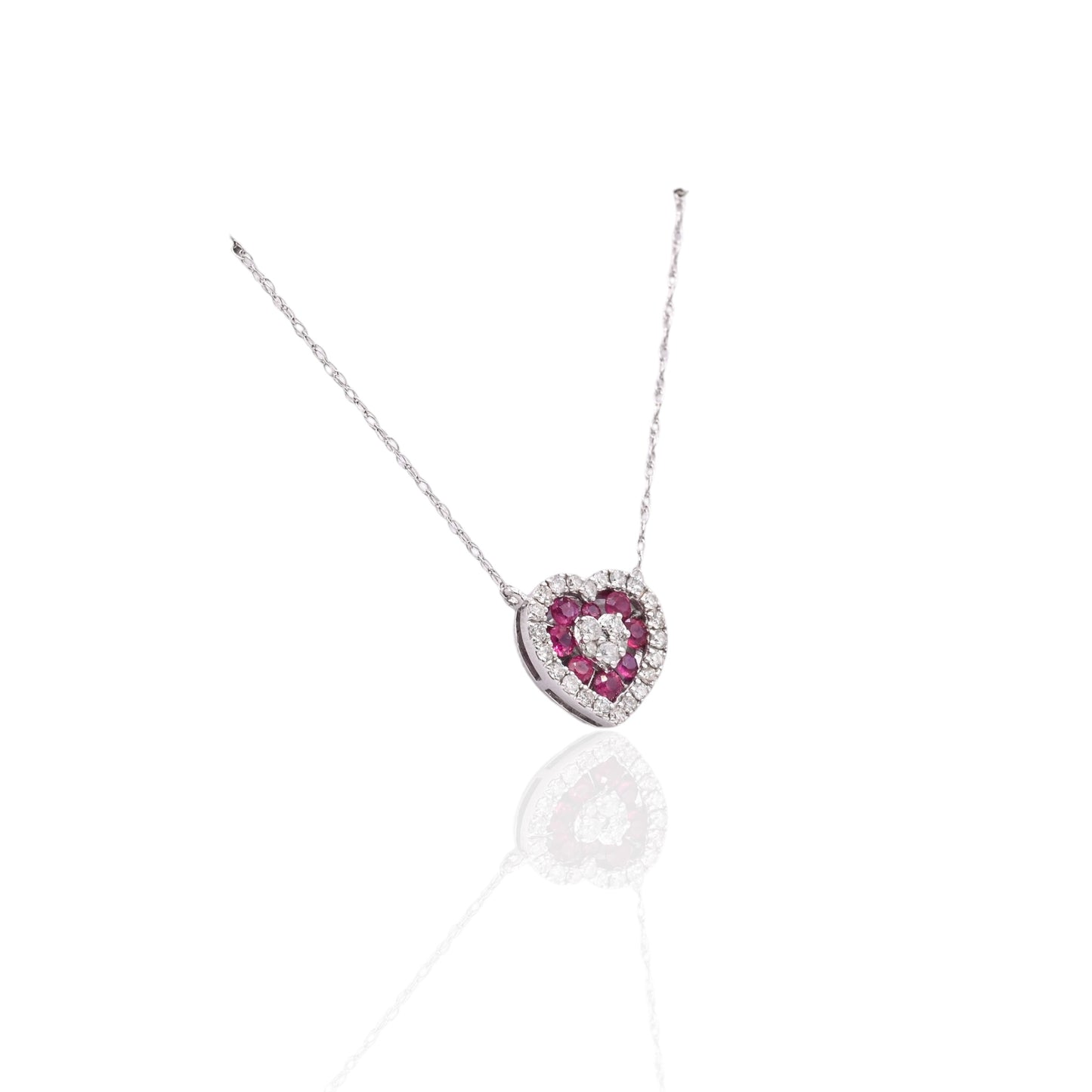 Ruby and Diamond Heart Necklace 14K White Gold with Lightweight Rope Chain 18.5in 0.21cttw Rubies/0.14cttw Diamonds