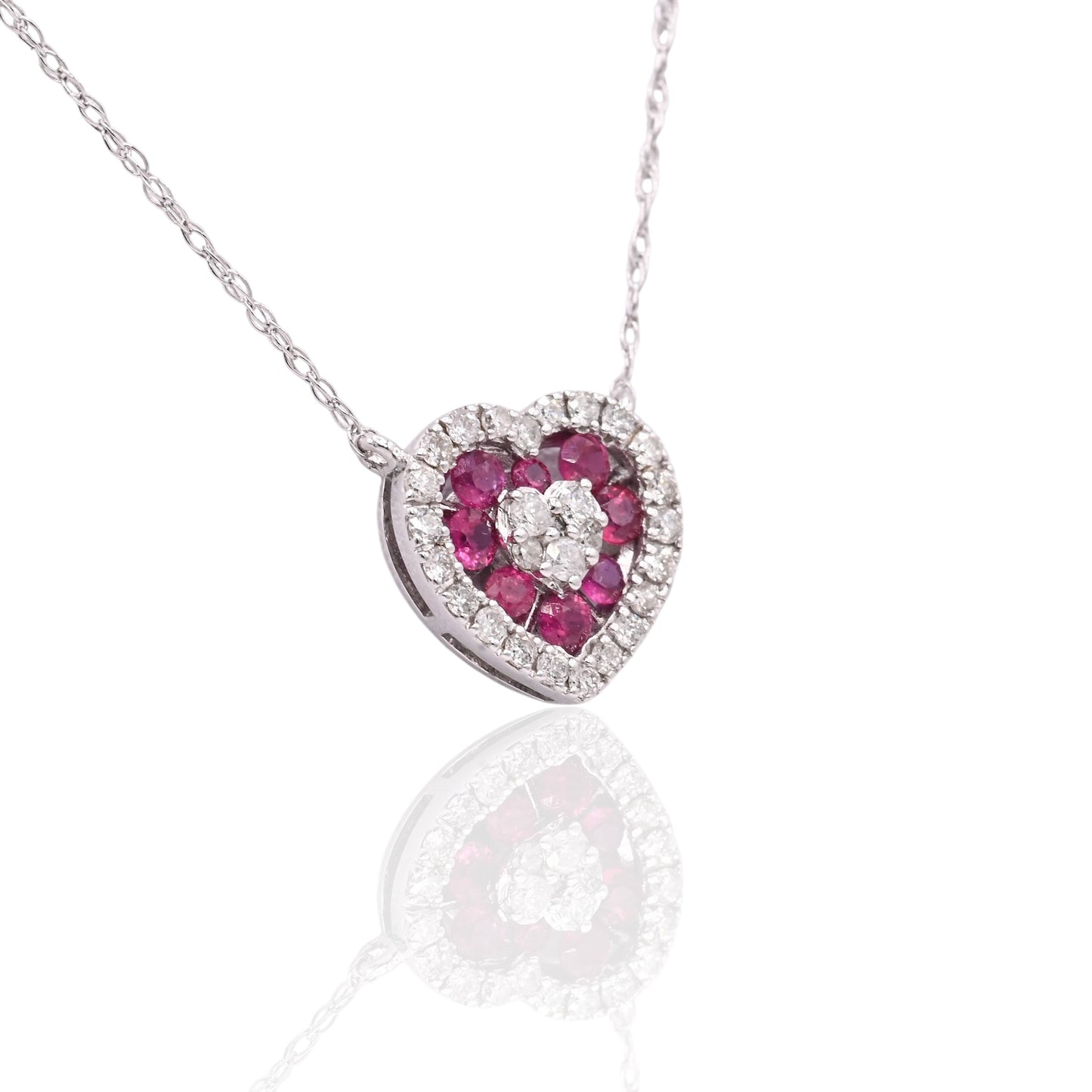 Ruby and Diamond Heart Necklace 14K White Gold with Lightweight Rope Chain 18.5in 0.21cttw Rubies/0.14cttw Diamonds