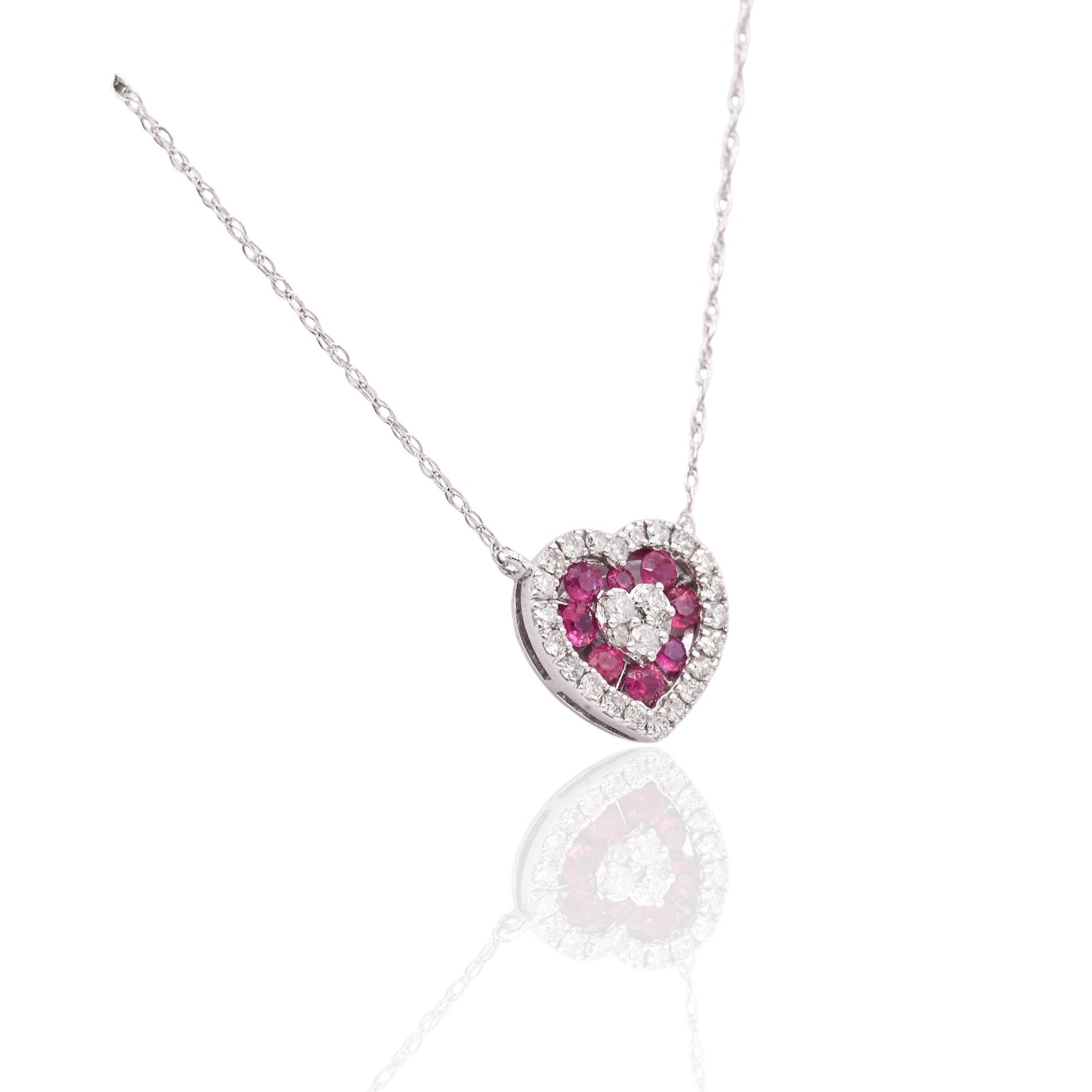 Ruby and Diamond Heart Necklace 14K White Gold with Lightweight Rope Chain 18.5in 0.21cttw Rubies/0.14cttw Diamonds