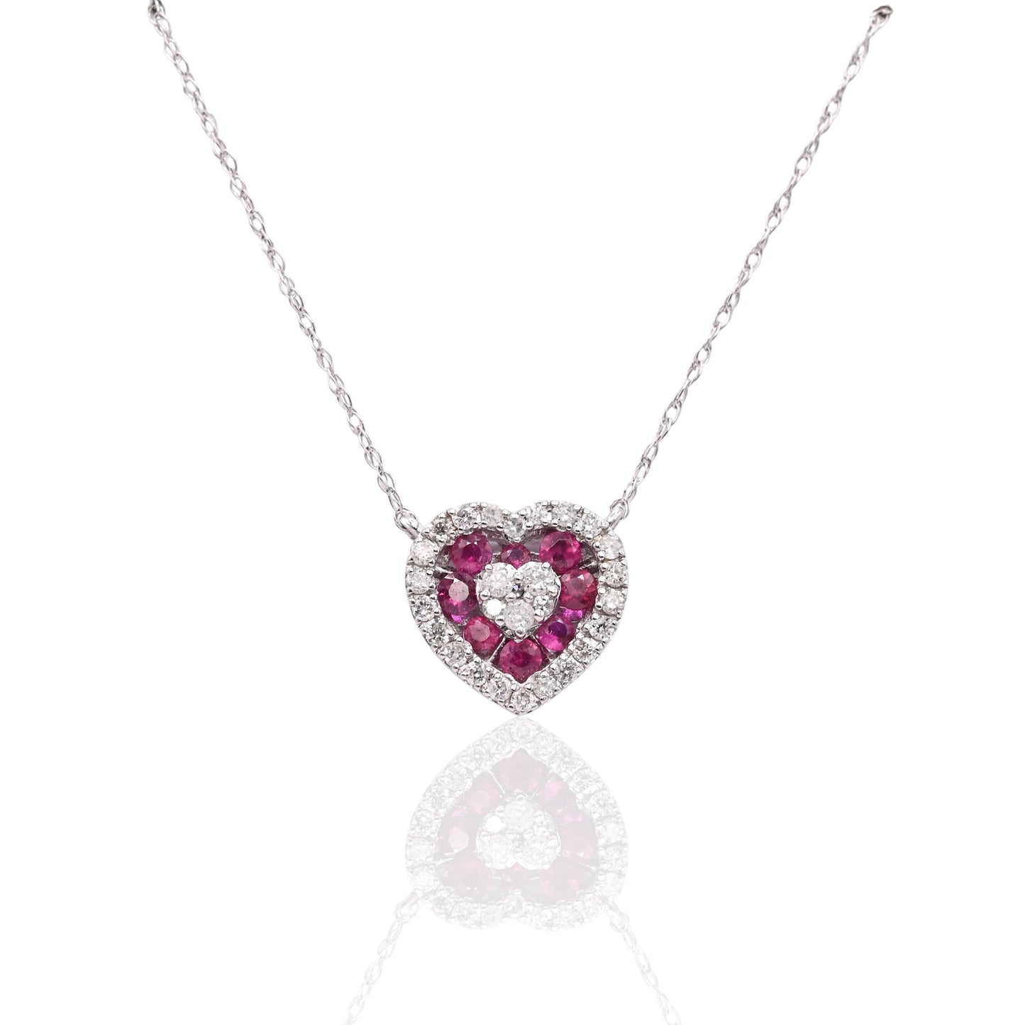 Ruby and Diamond Heart Necklace 14K White Gold with Lightweight Rope Chain 18.5in 0.21cttw Rubies/0.14cttw Diamonds