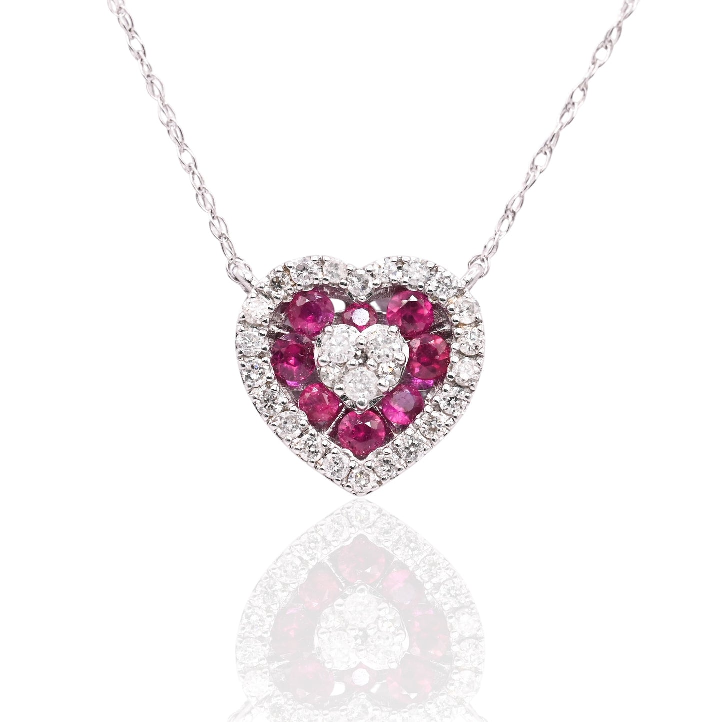 Ruby and Diamond Heart Necklace 14K White Gold with Lightweight Rope Chain 18.5in 0.21cttw Rubies/0.14cttw Diamonds
