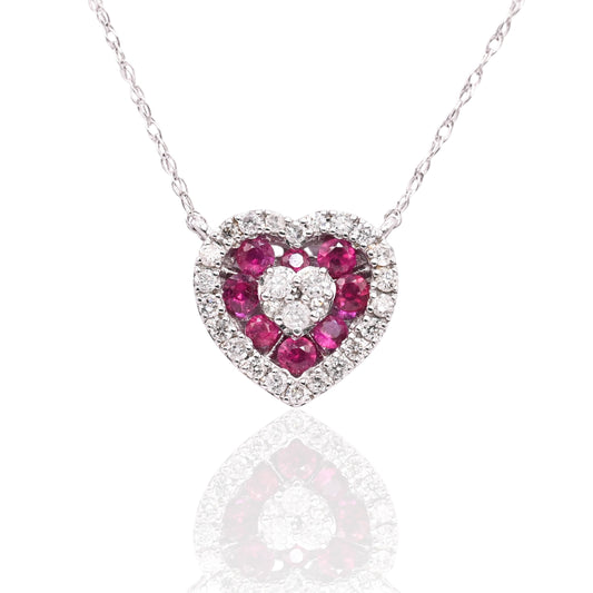 Ruby and Diamond Heart Necklace 14K White Gold with Lightweight Rope Chain 18.5in 0.21cttw Rubies/0.14cttw Diamonds