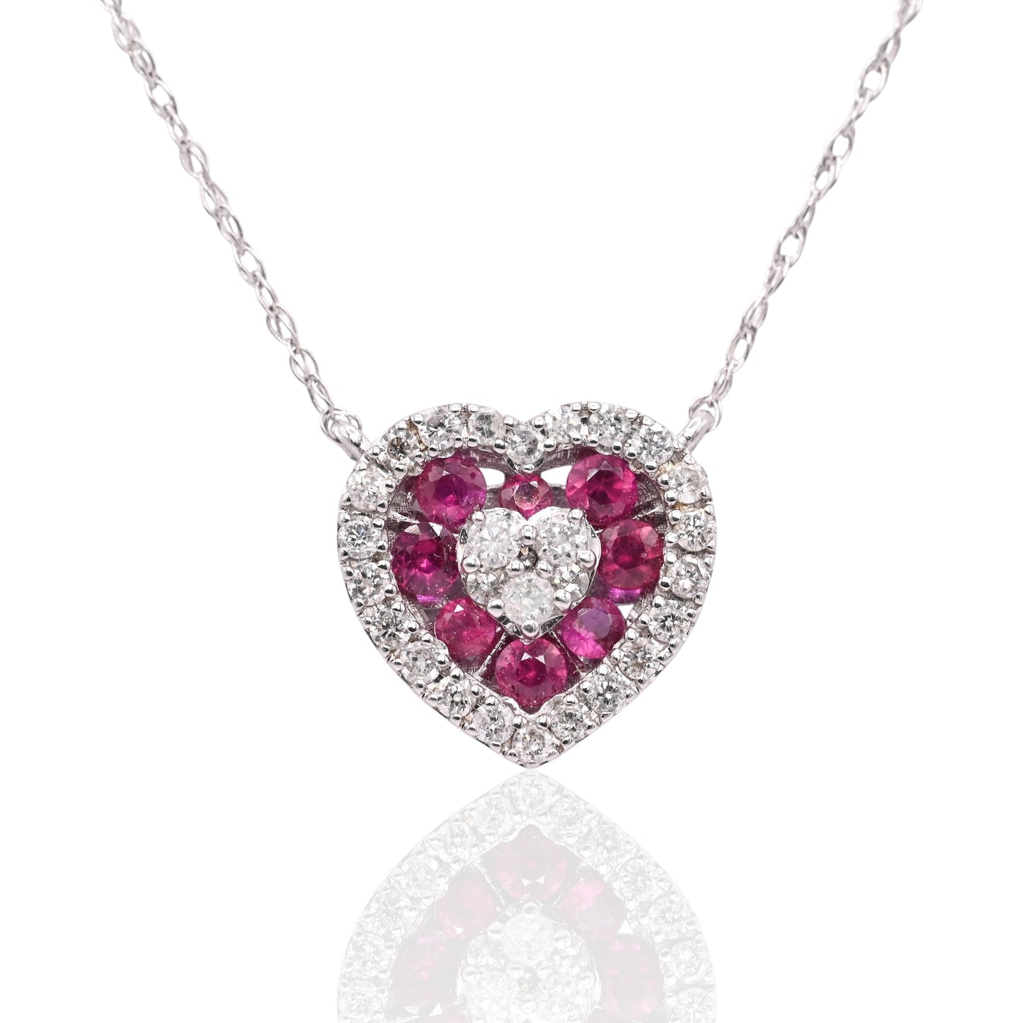 Ruby and Diamond Heart Necklace 14K White Gold with Lightweight Rope Chain 18.5in 0.21cttw Rubies/0.14cttw Diamonds
