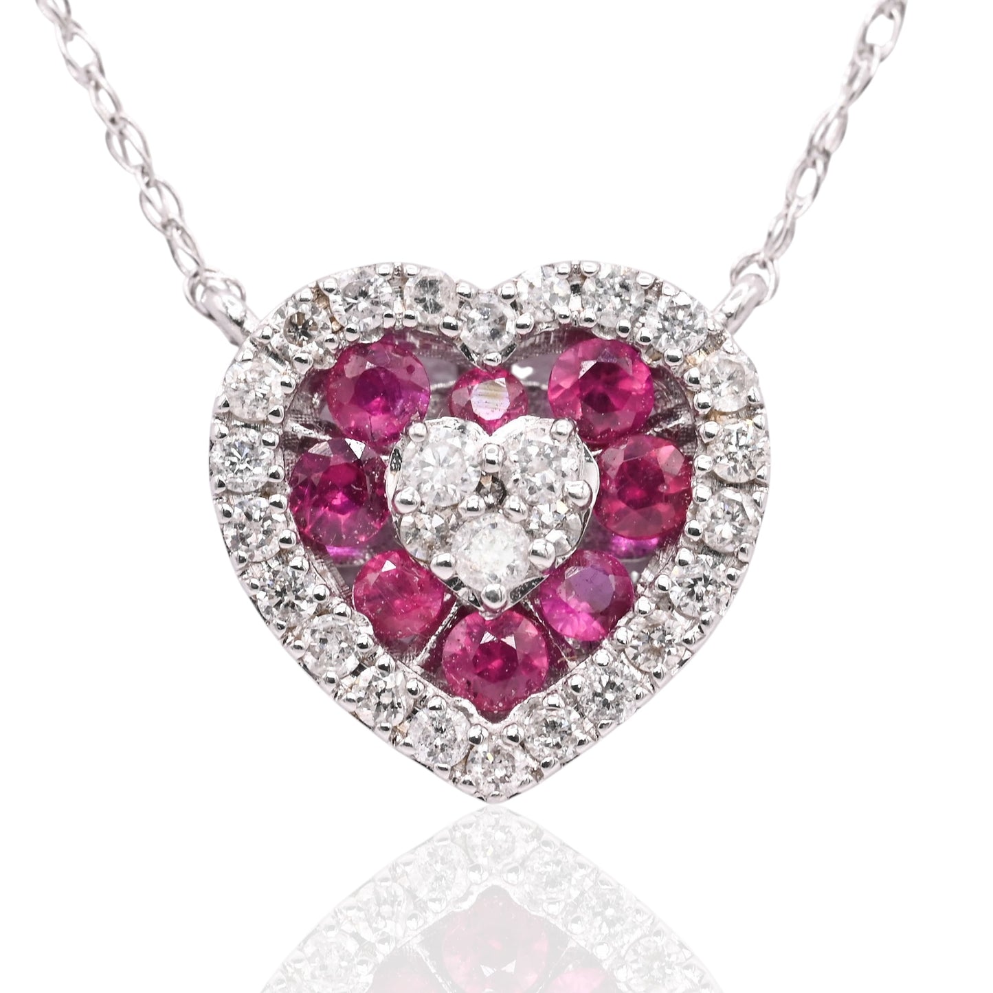 Ruby and Diamond Heart Necklace 14K White Gold with Lightweight Rope Chain 18.5in 0.21cttw Rubies/0.14cttw Diamonds