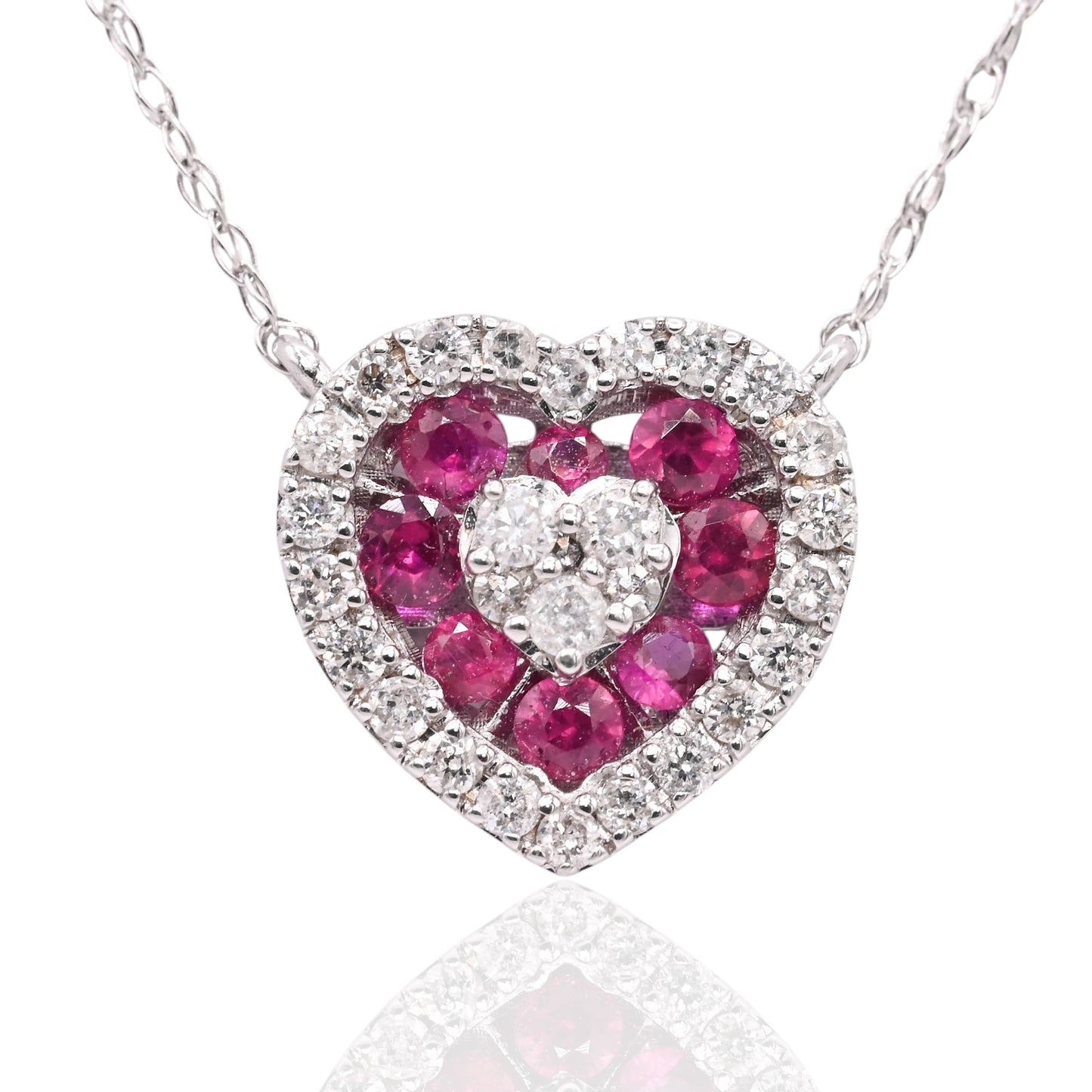 Ruby and Diamond Heart Necklace 14K White Gold with Lightweight Rope Chain 18.5in 0.21cttw Rubies/0.14cttw Diamonds