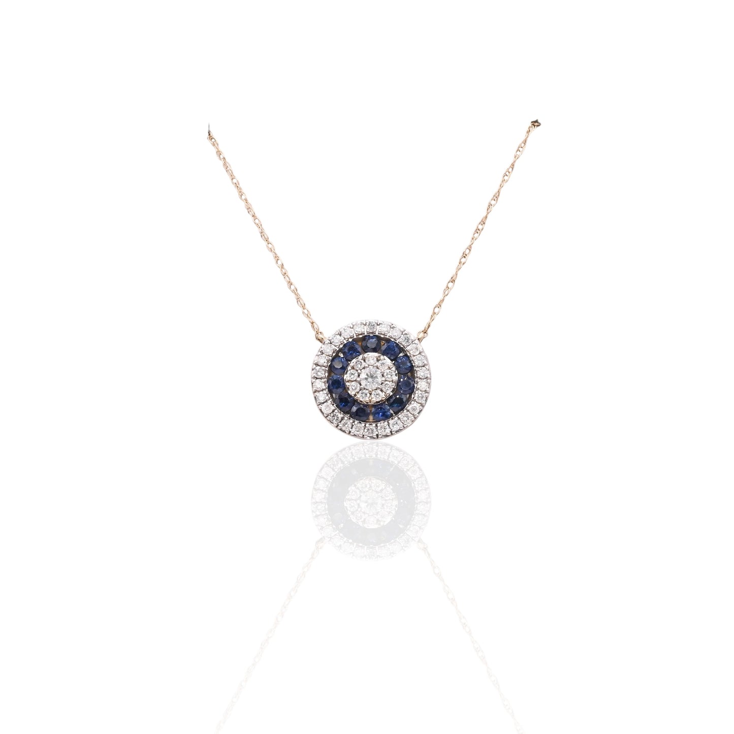 Round Sapphire and Diamond Necklace 14K White Gold with Lightweight Rope Chain 18.5in 0.33cttw Sapphires/0.21cttw Diamonds