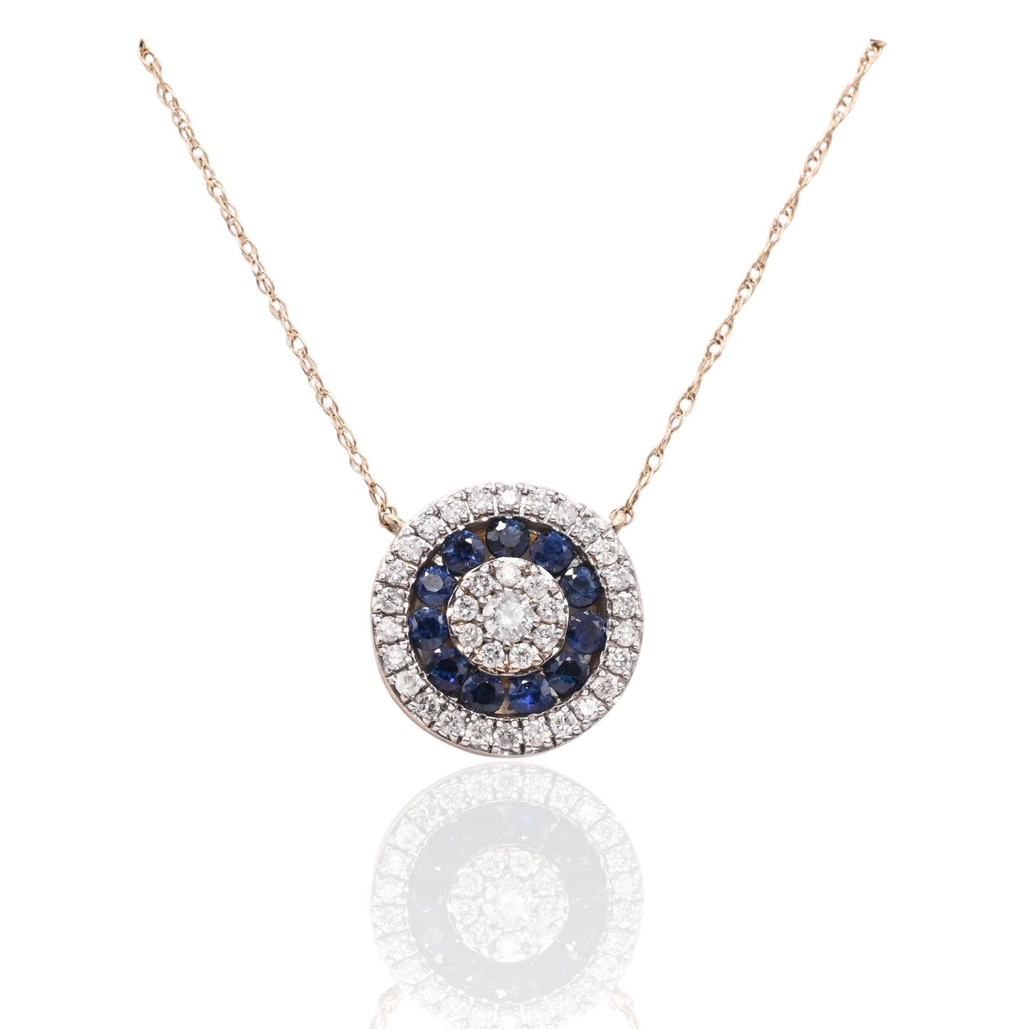 Round Sapphire and Diamond Necklace 14K White Gold with Lightweight Rope Chain 18.5in 0.33cttw Sapphires/0.21cttw Diamonds