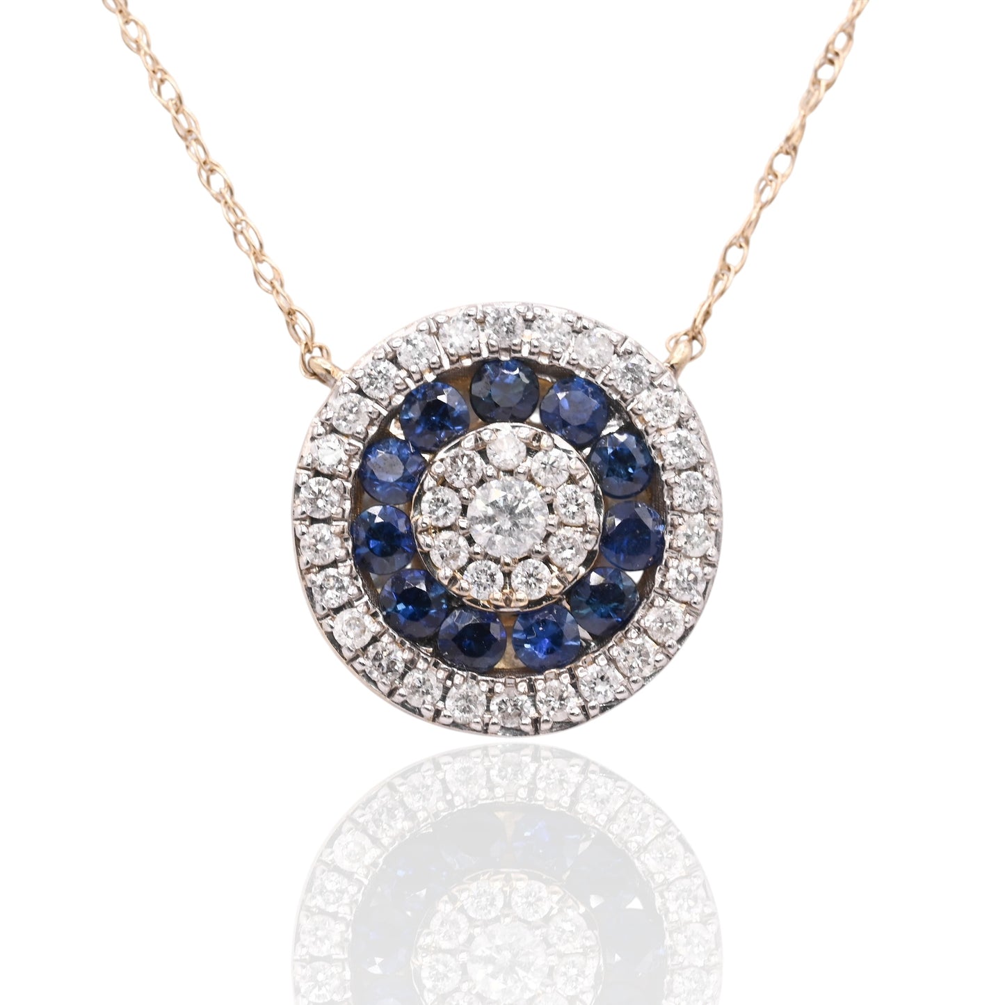 Round Sapphire and Diamond Necklace 14K White Gold with Lightweight Rope Chain 18.5in 0.33cttw Sapphires/0.21cttw Diamonds