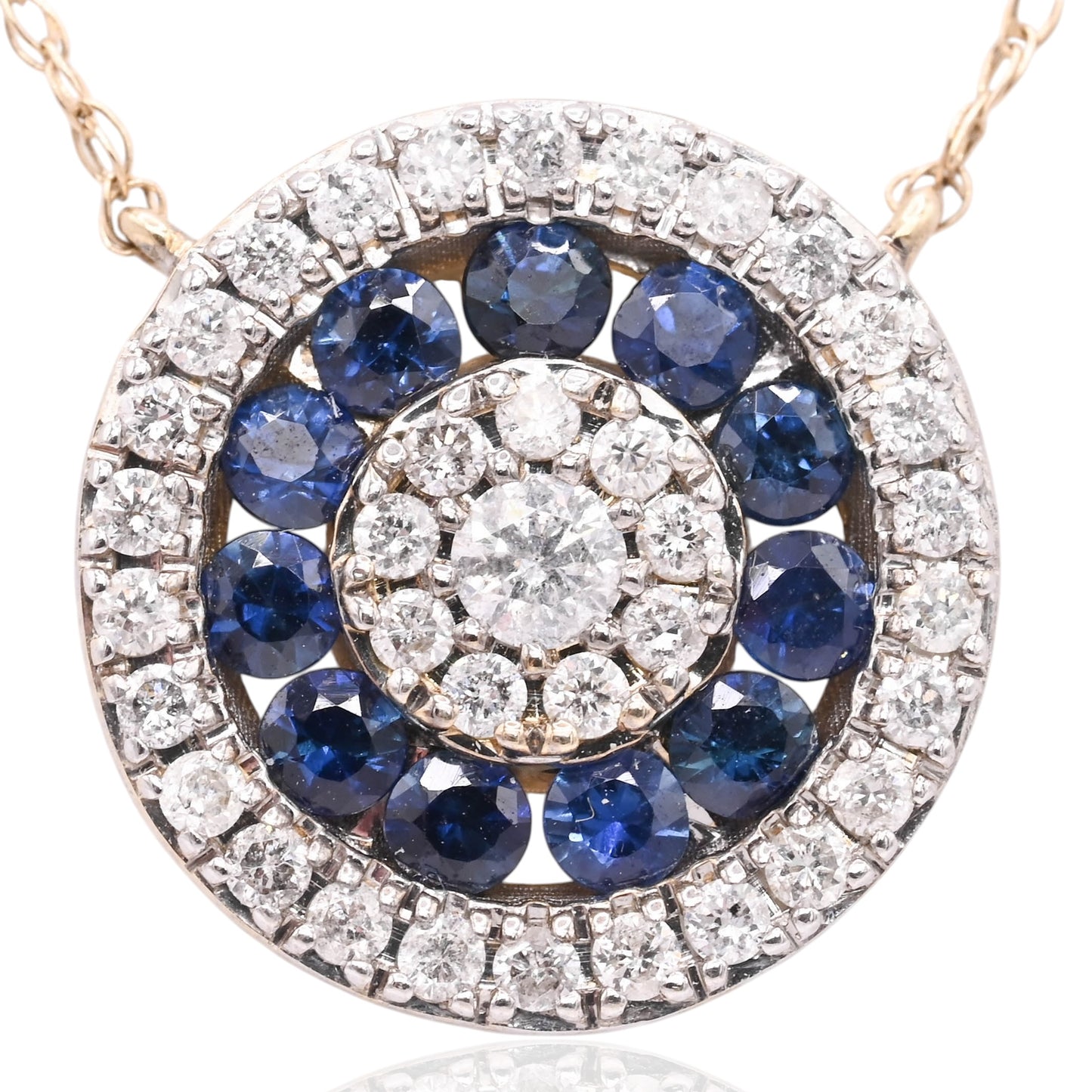 Round Sapphire and Diamond Necklace 14K White Gold with Lightweight Rope Chain 18.5in 0.33cttw Sapphires/0.21cttw Diamonds