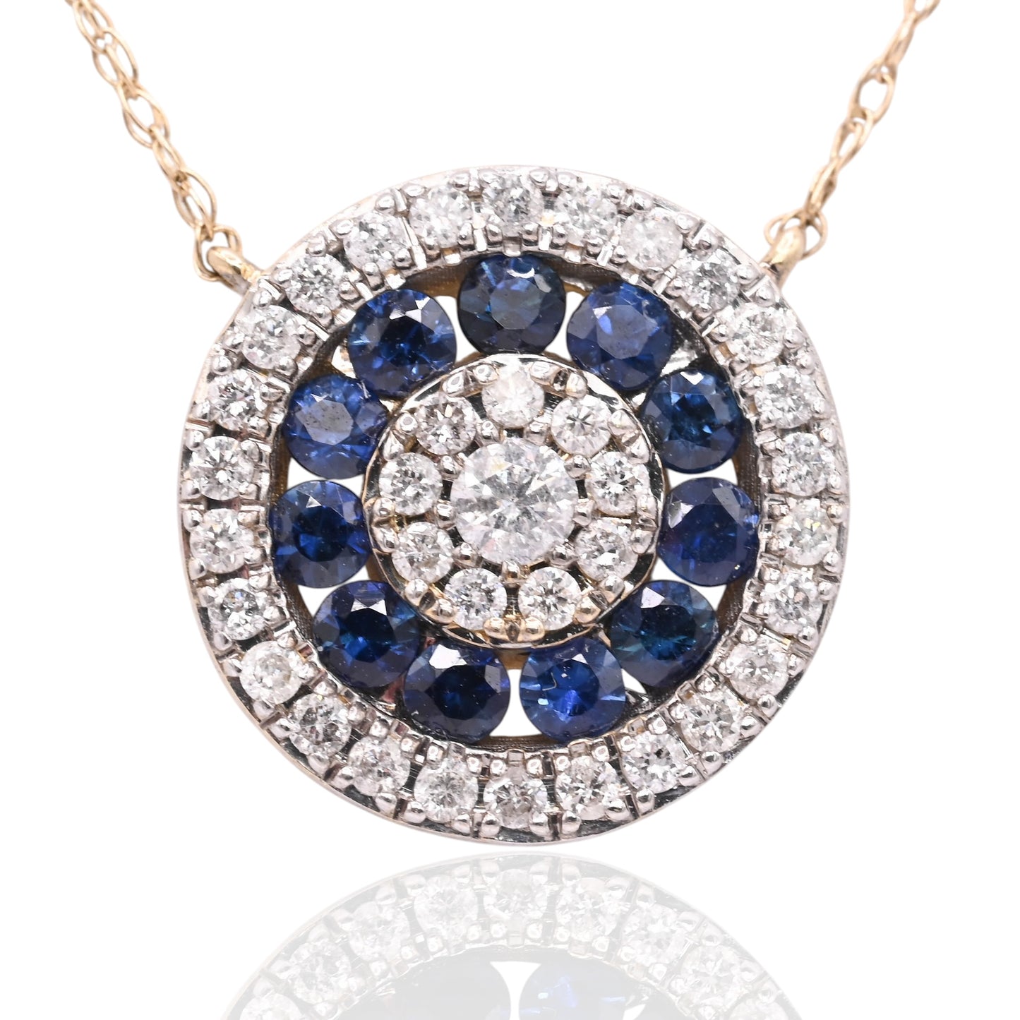 Round Sapphire and Diamond Necklace 14K White Gold with Lightweight Rope Chain 18.5in 0.33cttw Sapphires/0.21cttw Diamonds
