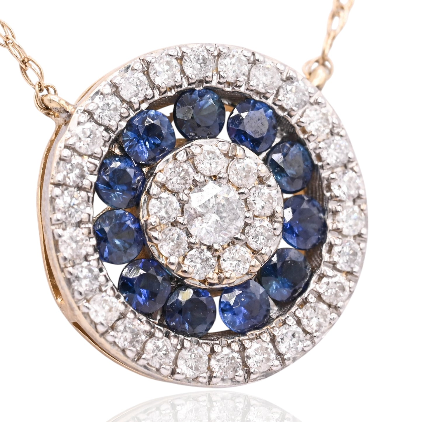 Round Sapphire and Diamond Necklace 14K White Gold with Lightweight Rope Chain 18.5in 0.33cttw Sapphires/0.21cttw Diamonds