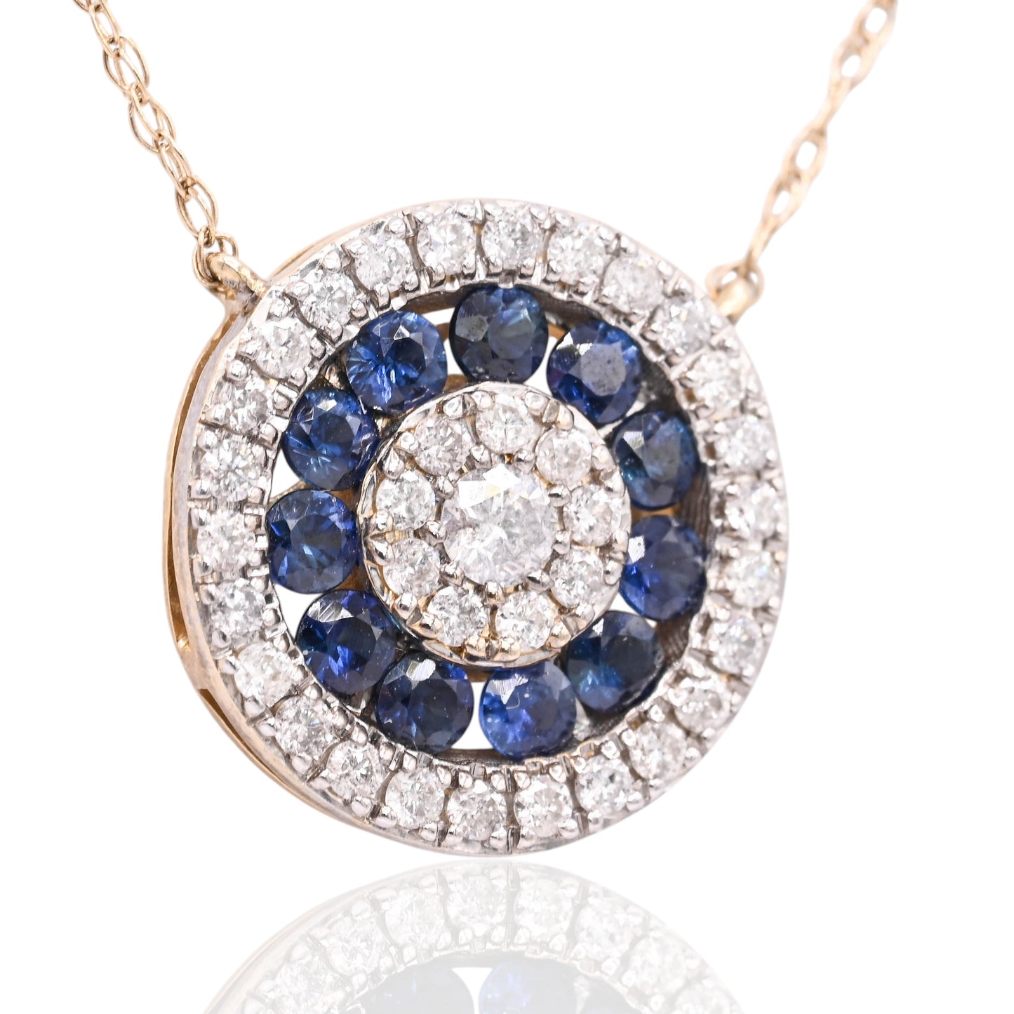 Round Sapphire and Diamond Necklace 14K White Gold with Lightweight Rope Chain 18.5in 0.33cttw Sapphires/0.21cttw Diamonds