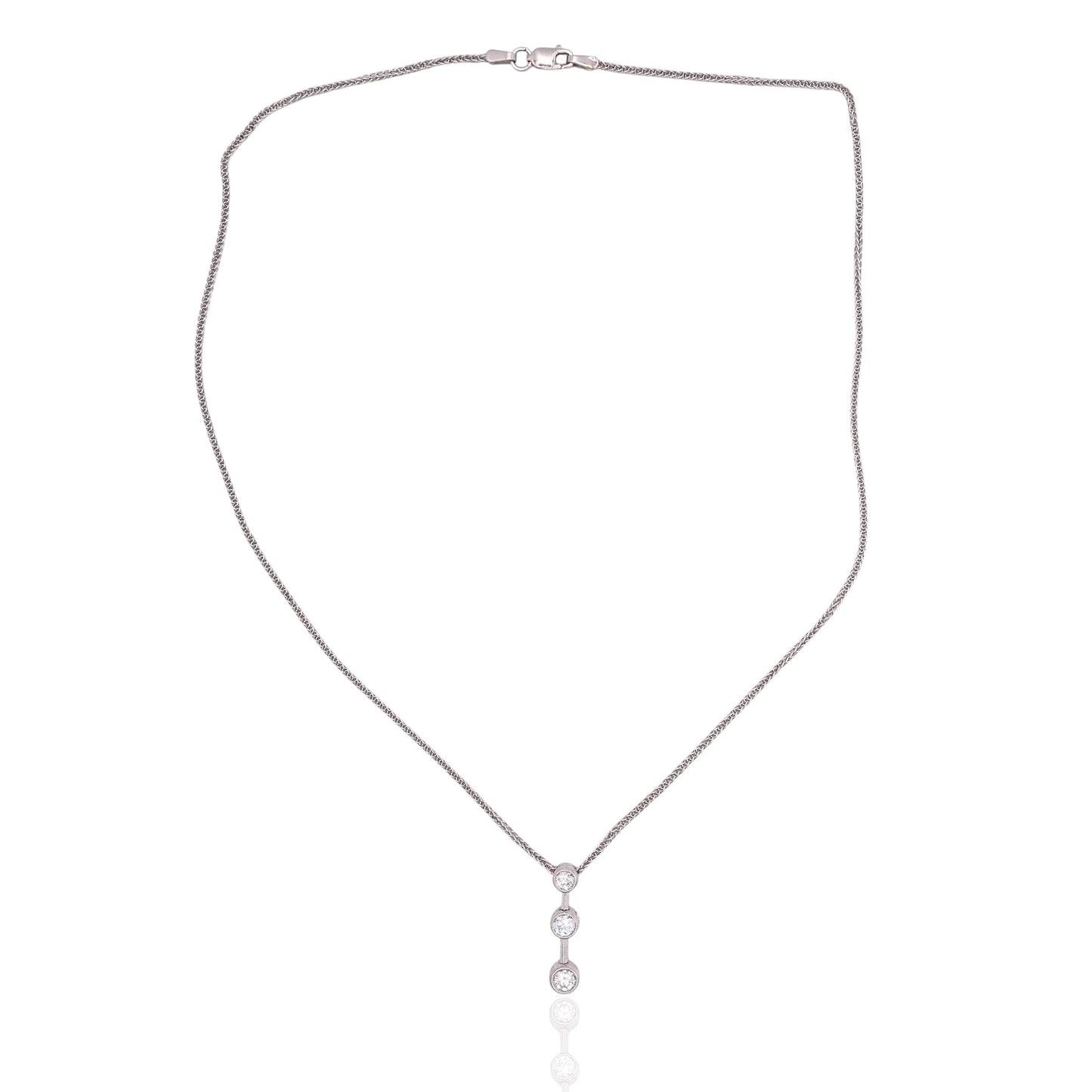 Diamond Cut Three Stone Diamond Bezel Necklace 18K White Gold with Wheat Chain 16in 0.44cttw