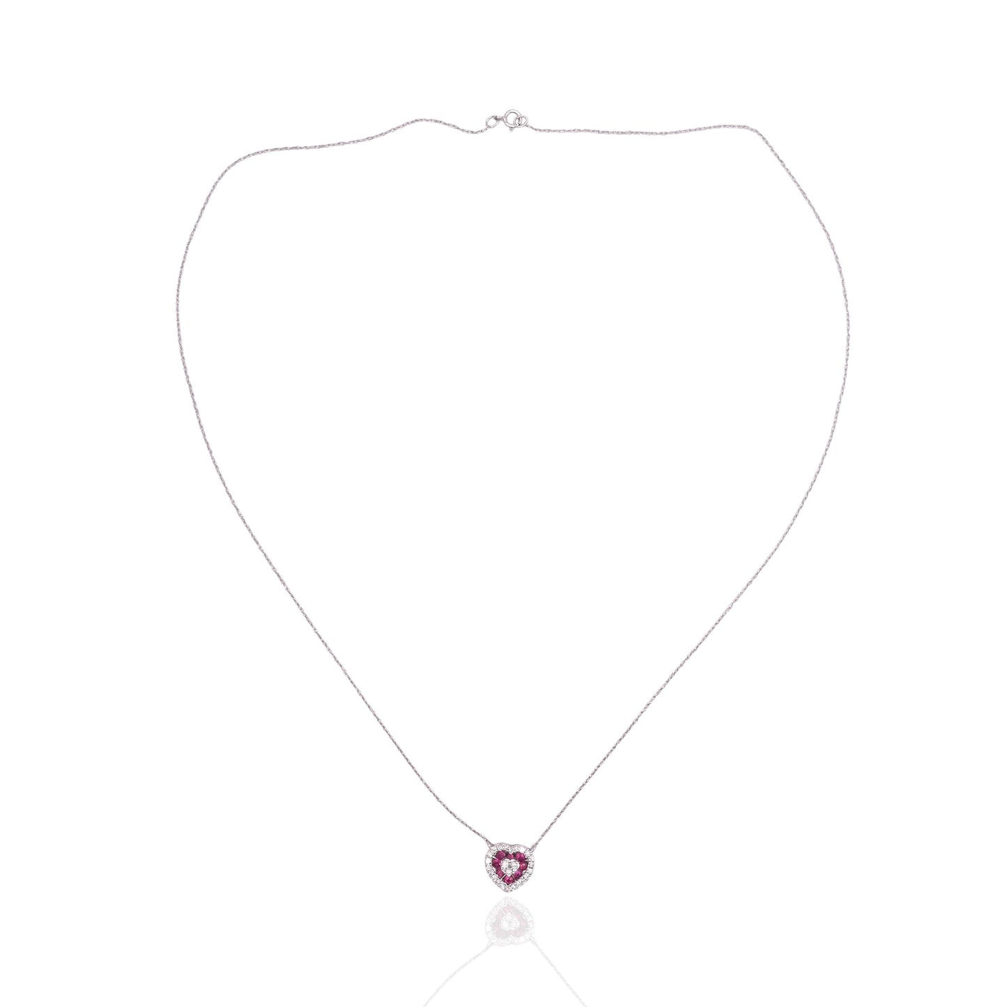 Ruby and Diamond Heart Necklace 14K White Gold with Lightweight Rope Chain 18.5in 0.21cttw Rubies/0.14cttw Diamonds