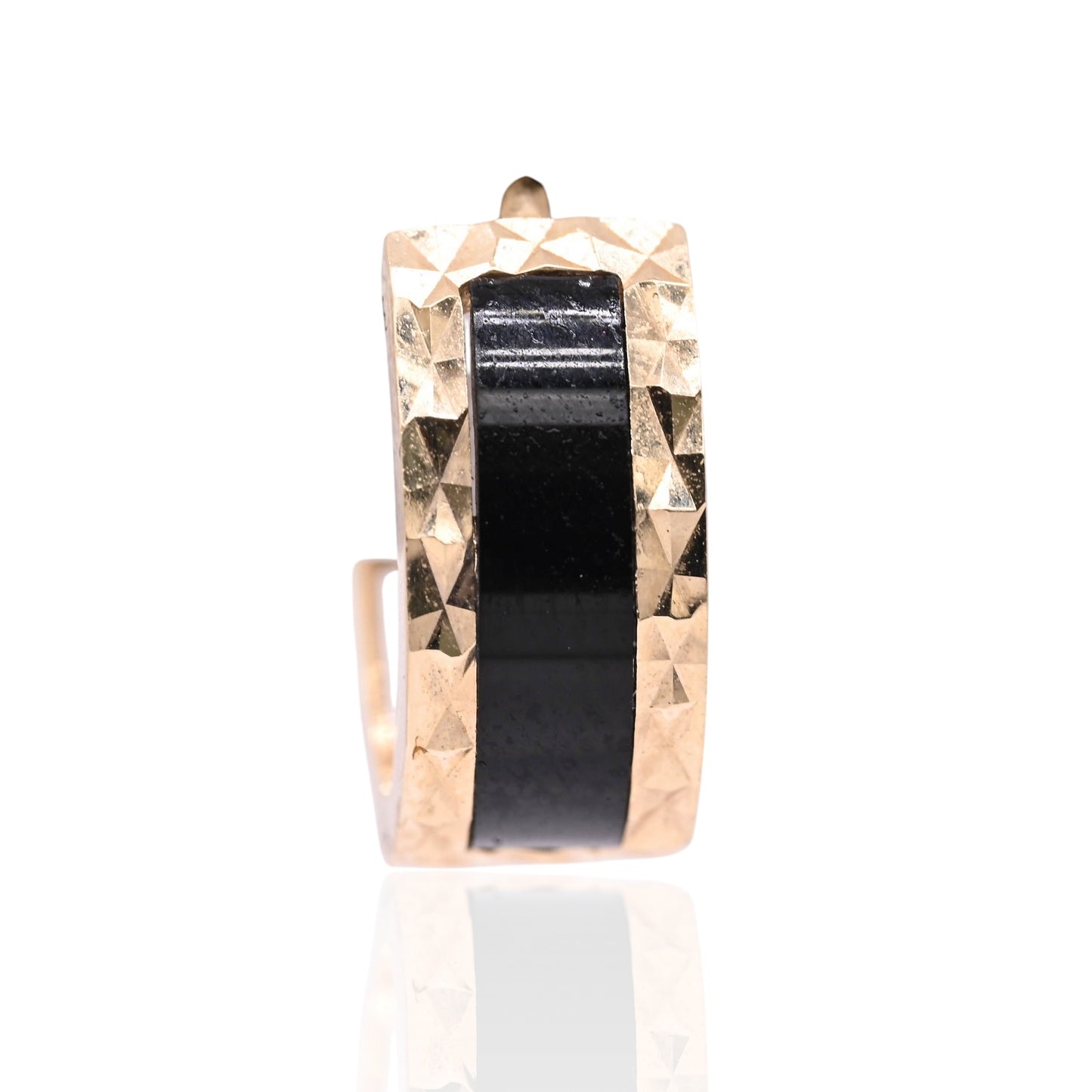 Black Enamel Diamond Cut Huggie Hoop Earrings 14K Yellow Gold 5mm Thick/13mm Diameter