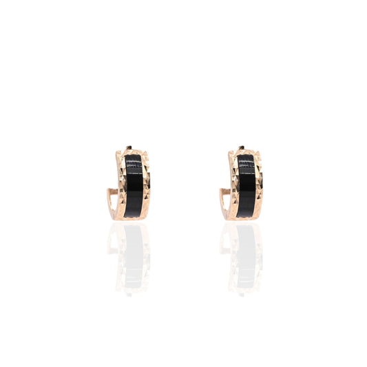 Black Enamel Diamond Cut Huggie Hoop Earrings 14K Yellow Gold 5mm Thick/13mm Diameter