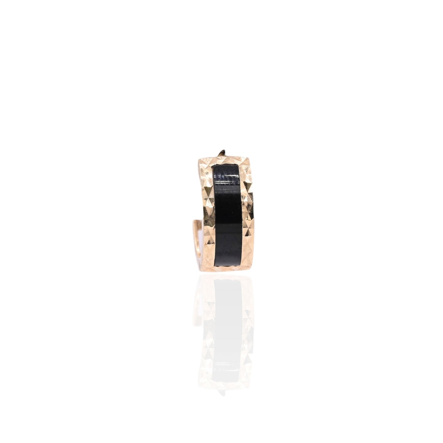 Black Enamel Diamond Cut Huggie Hoop Earrings 14K Yellow Gold 5mm Thick/13mm Diameter