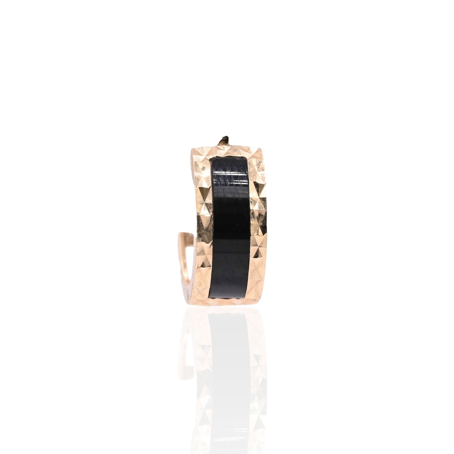Black Enamel Diamond Cut Huggie Hoop Earrings 14K Yellow Gold 5mm Thick/13mm Diameter