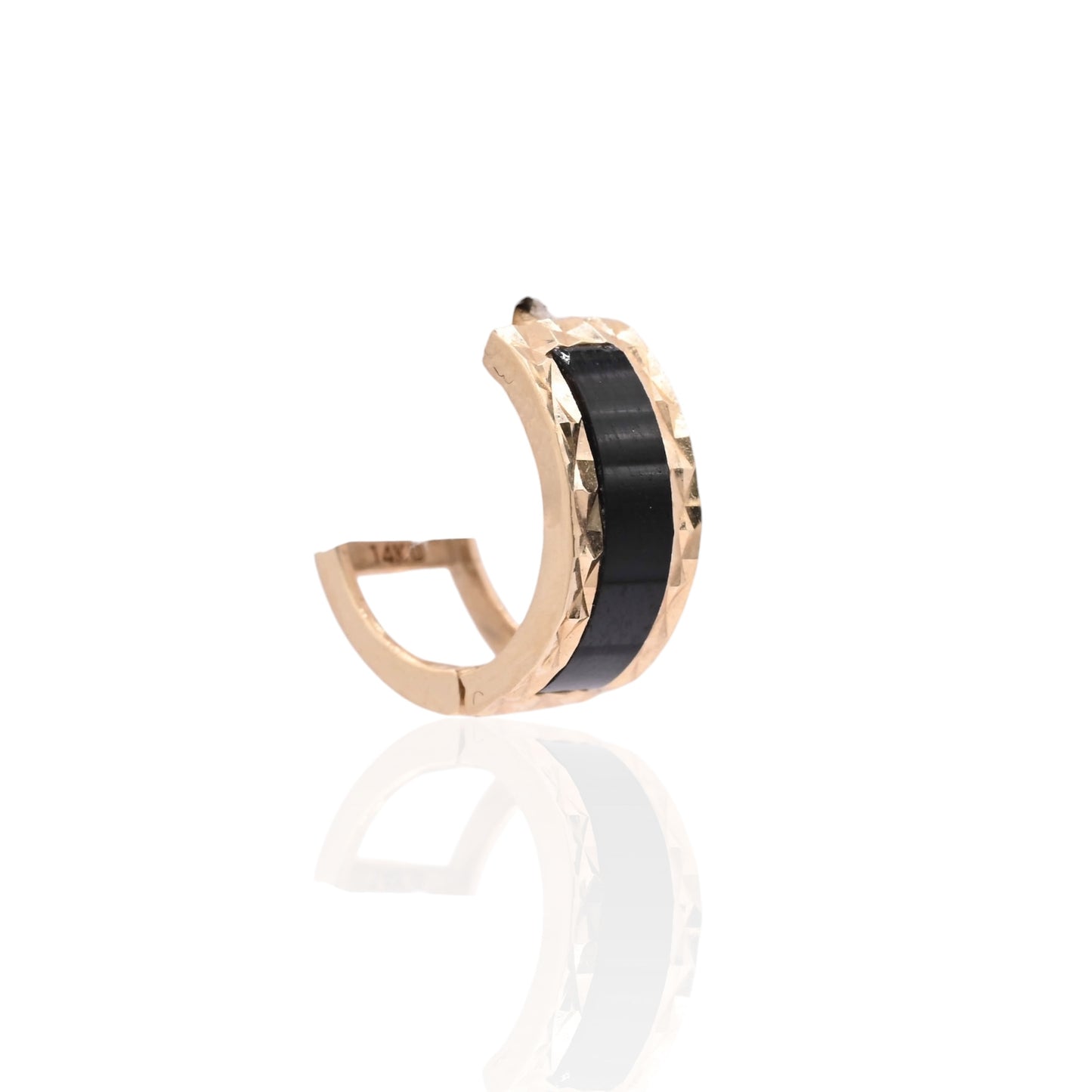 Black Enamel Diamond Cut Huggie Hoop Earrings 14K Yellow Gold 5mm Thick/13mm Diameter