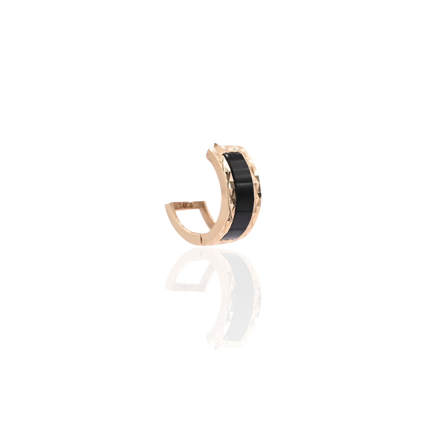 Black Enamel Diamond Cut Huggie Hoop Earrings 14K Yellow Gold 5mm Thick/13mm Diameter