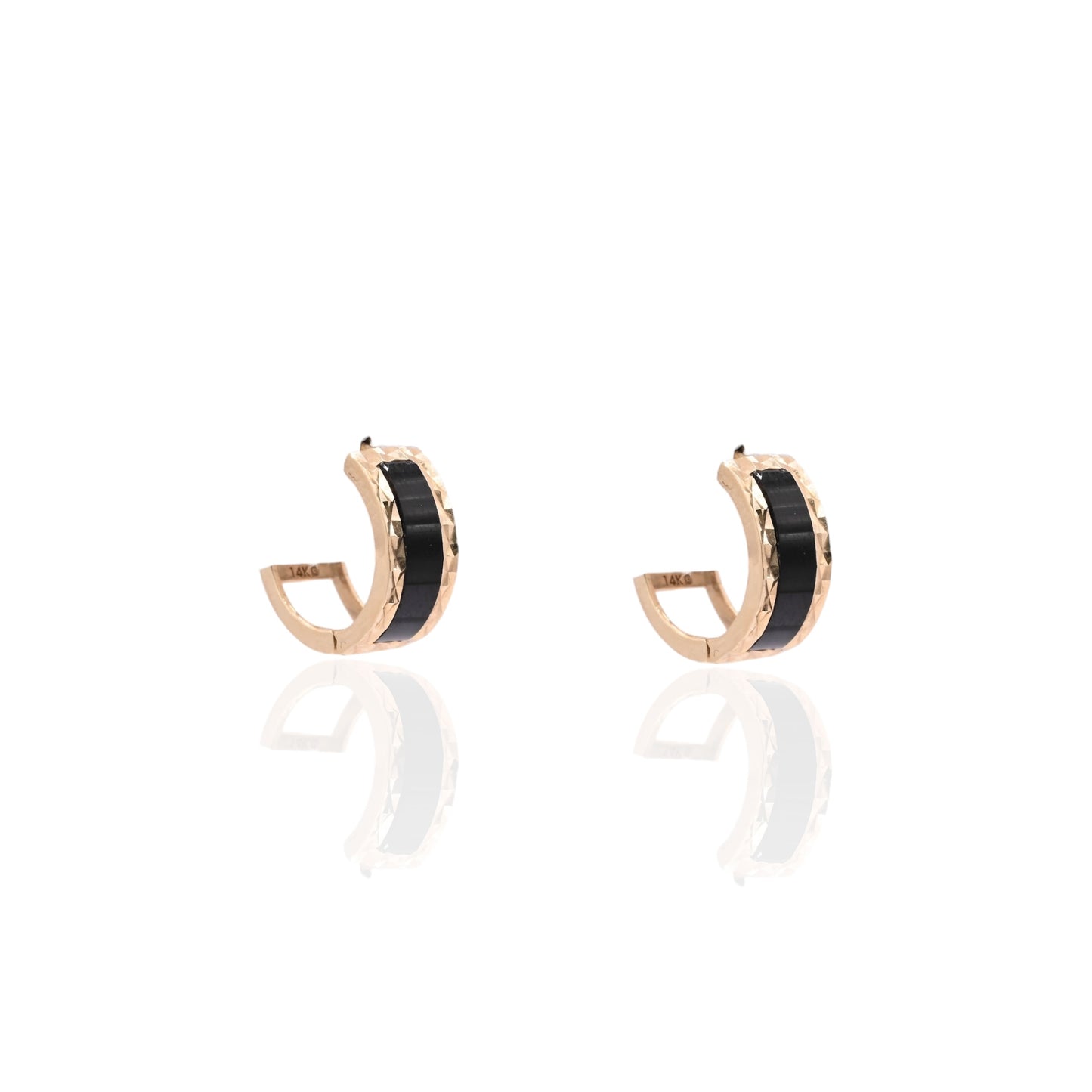 Black Enamel Diamond Cut Huggie Hoop Earrings 14K Yellow Gold 5mm Thick/13mm Diameter