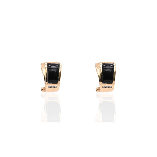 Vintage-Style Black Enamel and Diamond Earrings 14K Yellow Gold with Omega Backs 0.06cttw