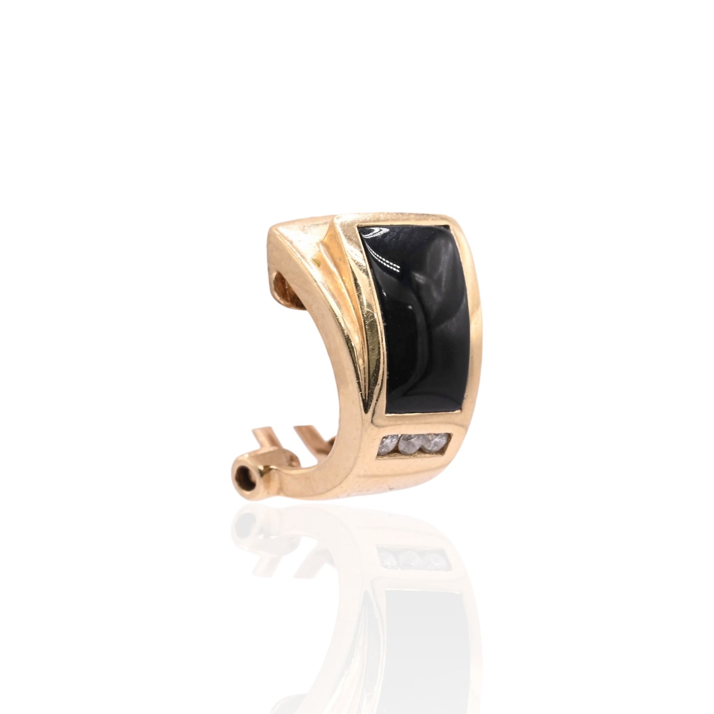 Vintage-Style Black Enamel and Diamond Earrings 14K Yellow Gold with Omega Backs 0.06cttw
