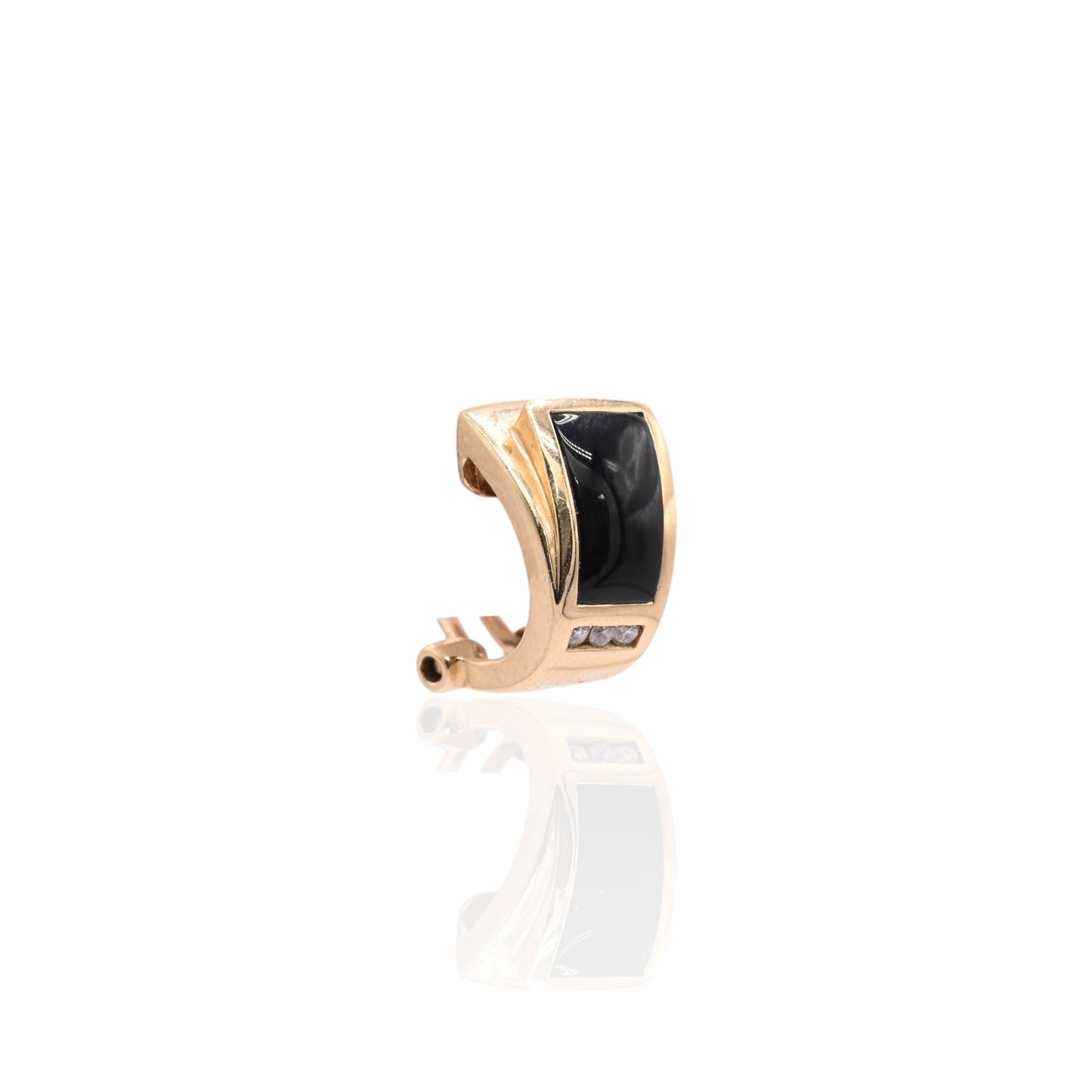 Vintage-Style Black Enamel and Diamond Earrings 14K Yellow Gold with Omega Backs 0.06cttw