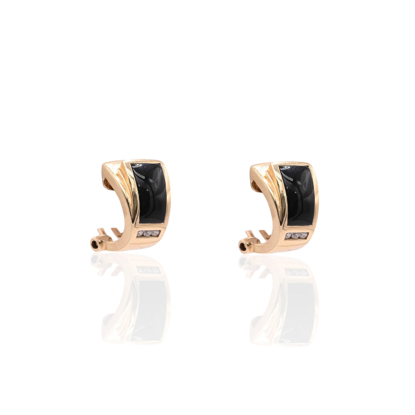 Vintage-Style Black Enamel and Diamond Earrings 14K Yellow Gold with Omega Backs 0.06cttw