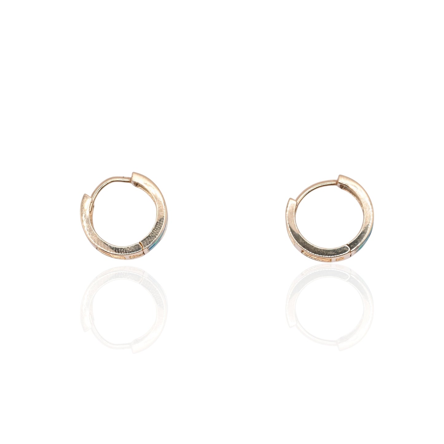Three-Row Inlay Blue Opal Huggie Hoop Earrings 14K Yellow Gold 6.00mm Thick/12.29mm Diameter
